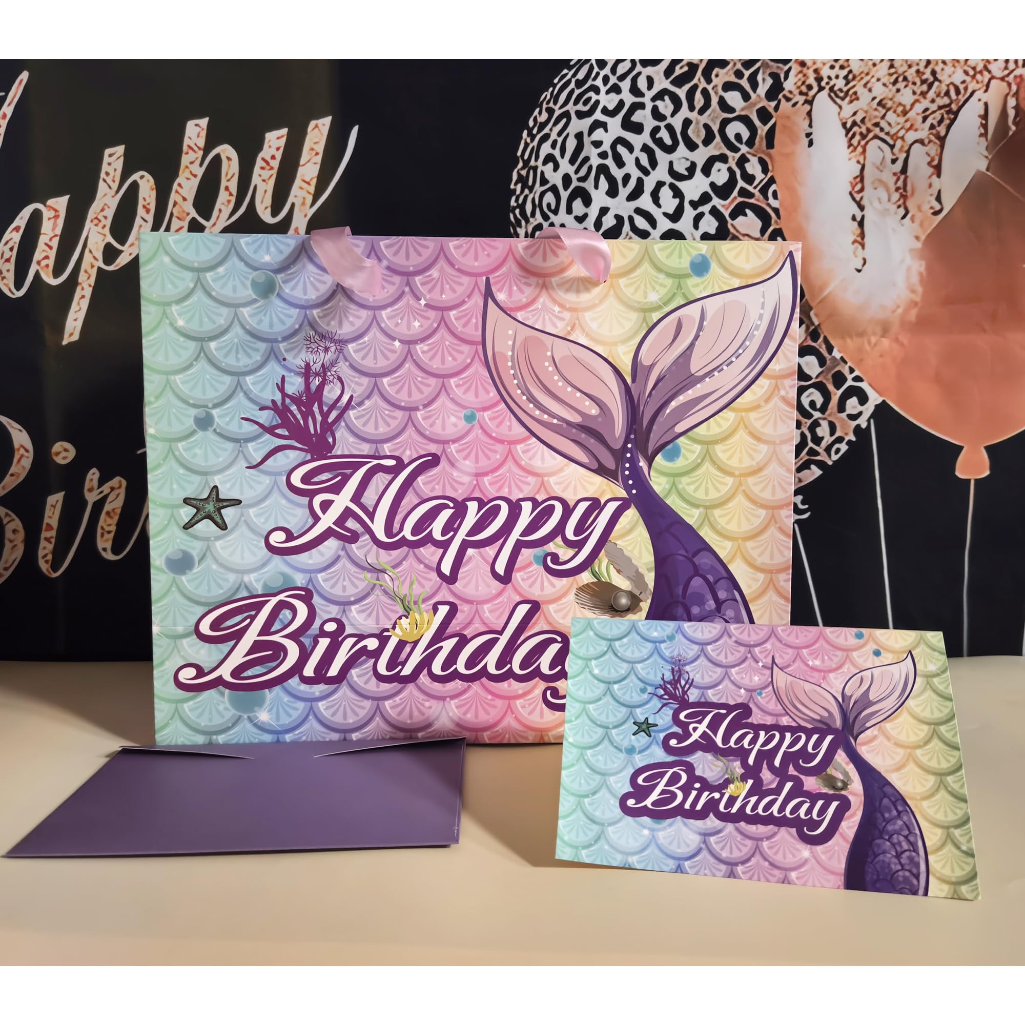 Sumerk 13" Mermaid Birthday Gift Bag with Tissue Papers and Greeting Card, Envelope and Stickers - Pink Purple Gifts Wrapping Bag for Birthday