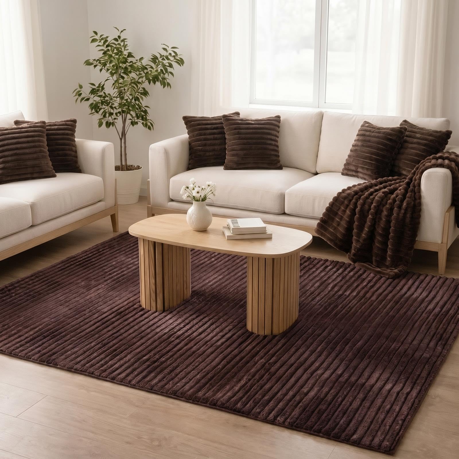 OHS Rugs Living Room 120 x 170 Ribbed Faux Fur Fluffy Rug Medium, Brown