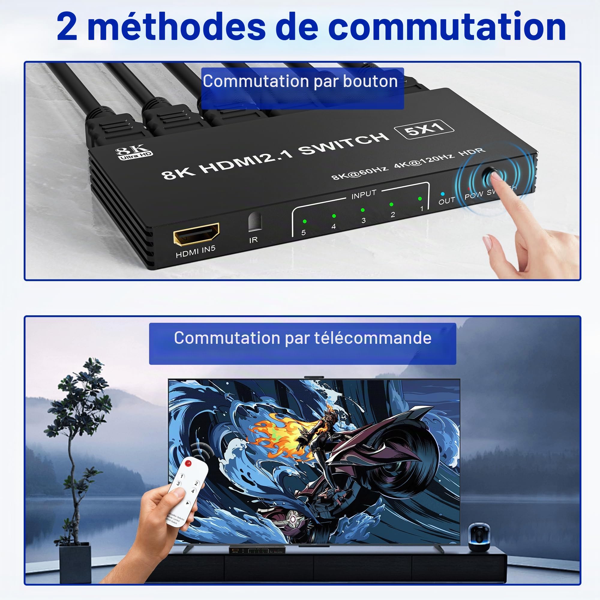 Commutateur HDMI 2.1 Switch 5 Entrées 1 Sortie, 8K 60Hz 4K 120Hz 48Gbps HDMI Switch UHD HDR 3D Compatible avec PS5/Switch/Xbox/Steam Deck/PC/HDTV/Moniteur/Projecteur
