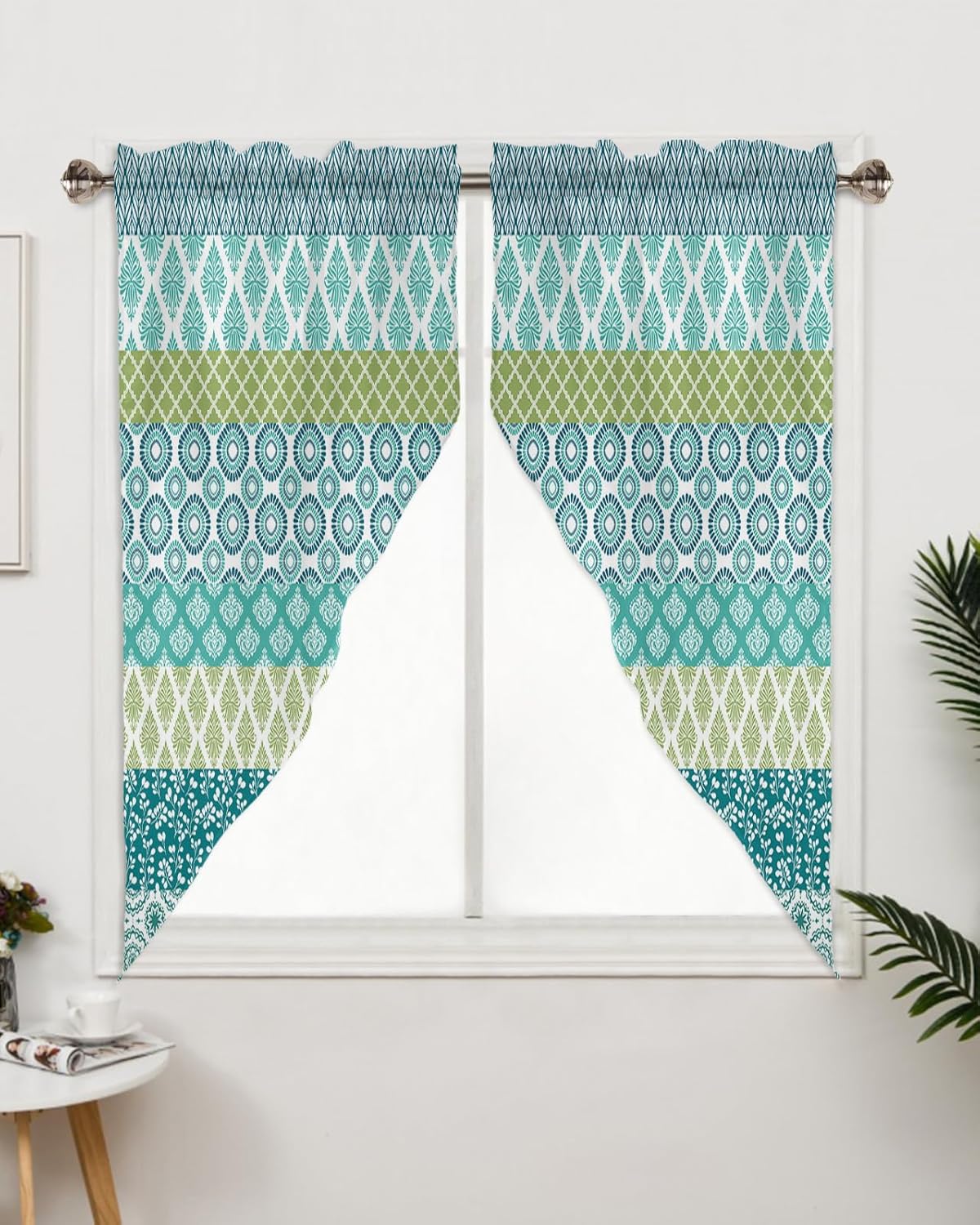 Boho Swag Valances for Windows Rod Pocket Kitchen Window Curtains Over Sink, Bohemian Stripes Kitchen Curtains Sets, Swag Curtains Valance for Living Room, 36x36inch Set of 2, Teal Green Blue