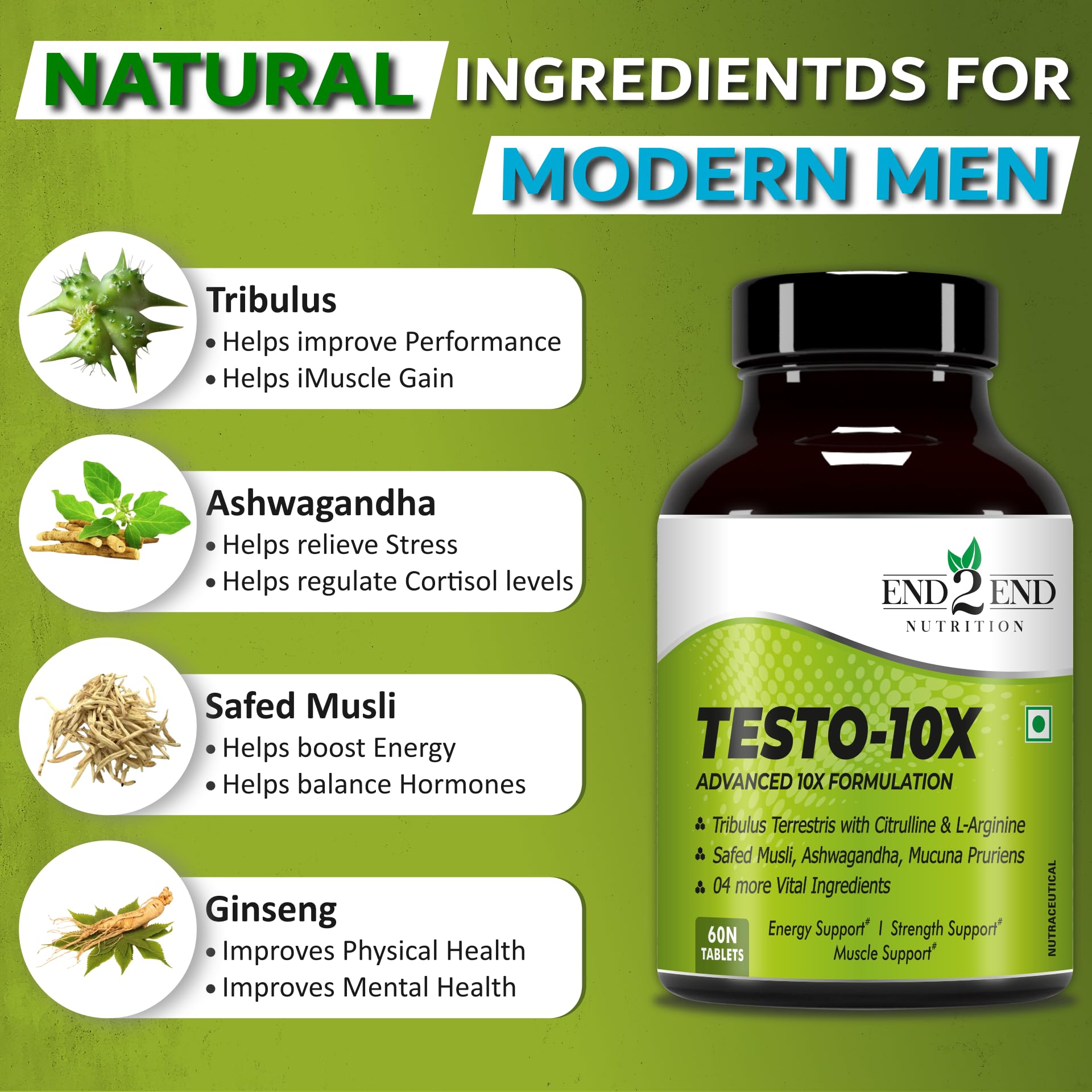 End2End Nutrition Testo-10X Natural Testosterone Booster for Men with Tribulus, L-Arginine, Ashwagandha and Safed Musli for Strength, Stamina, Energy and Muscle Gain – 60 Tablets 2