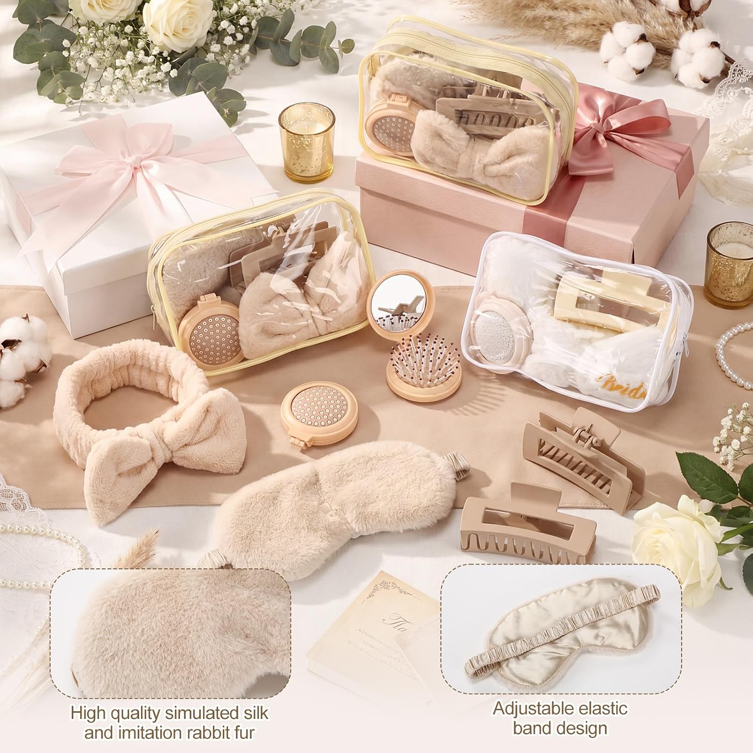 Suncalla 40 Pcs Spa Sleepover Party Supplies Include Sleep Eye Mask Headband Hair Clip Mirror Comb Makeup Bag for Girls Women Slumber Bachelorette Birthday Party Favors (White, Beige)