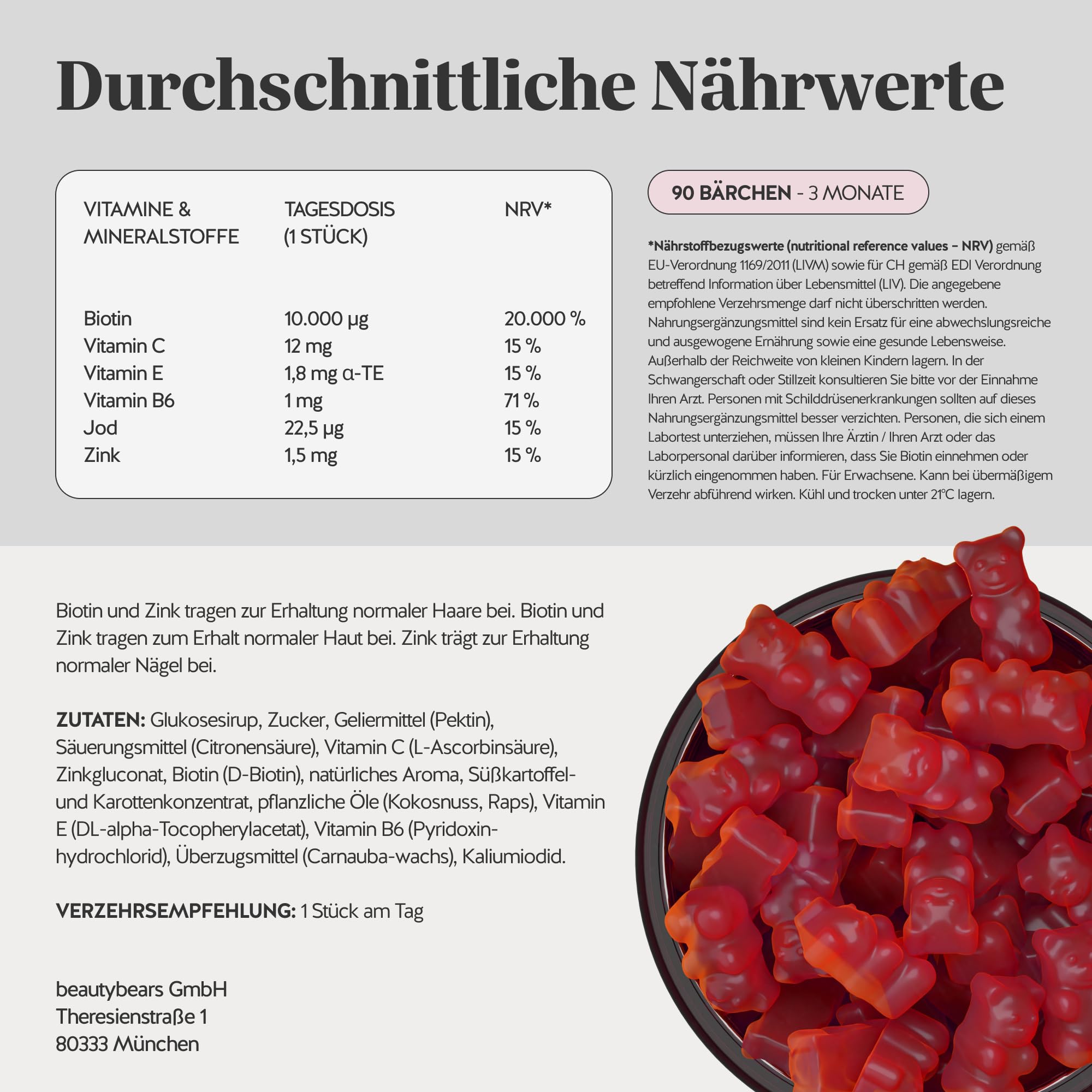 Bears with Benefits - Gummibärchen Biotin 10.000µg - Für Haare - 90 Stück | Ah-Mazing Hair - Biotin mit Zink, Vitamin B6, C & E sowie Jod - Vorrat für 3 Monate - Vegan