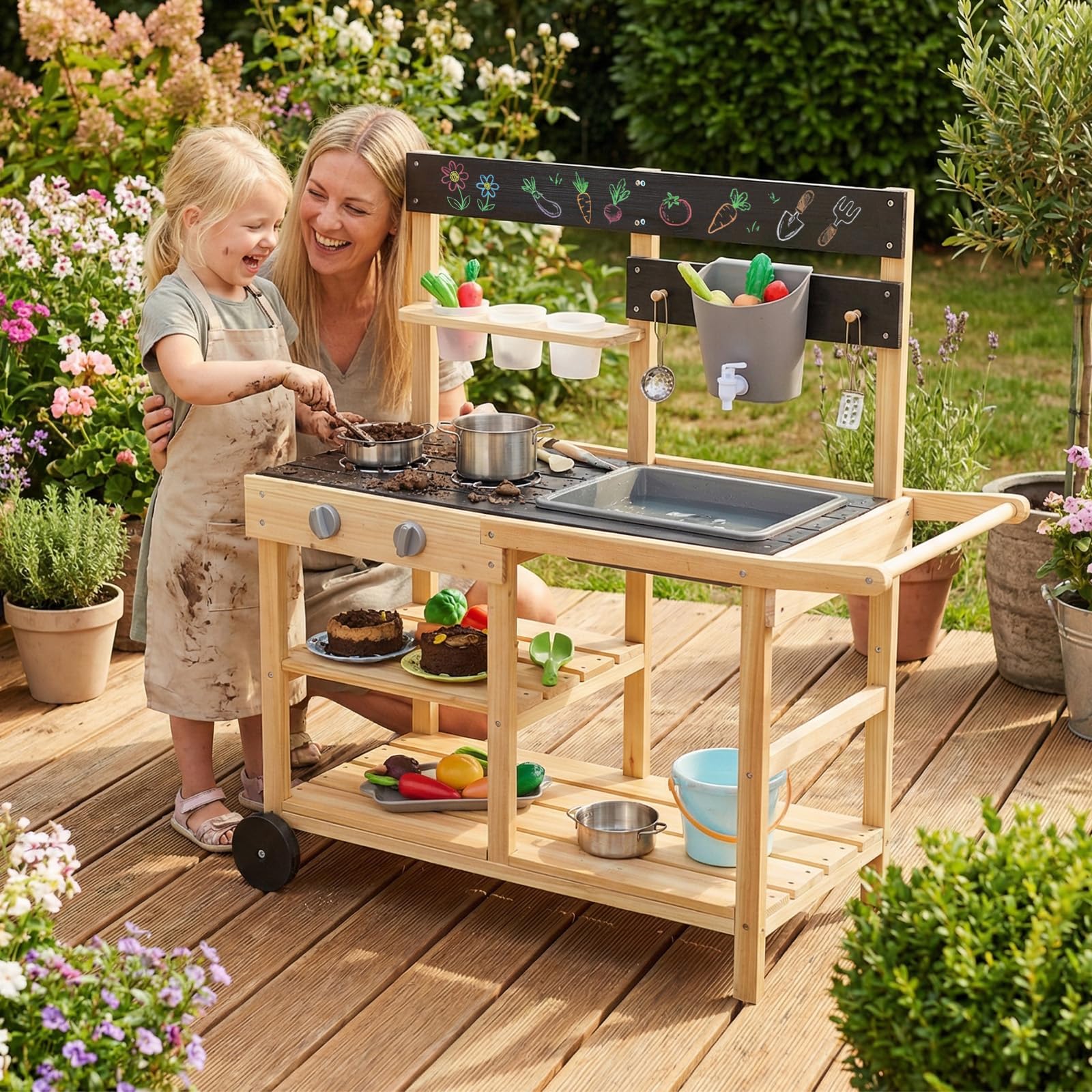 COSTWAY Matschküche Kinder Outdoor, Spielküche mit Wassertank & Wasserhahn | Kinderküche mit Rädern, Spüle, 3 Blumentöpfen, 2 Herd & Kochzubehör, Gartenspielküche für Kinder ab 3 Jahren