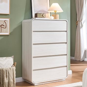 Standifurno White 5 Drawers Dresser, Curved Dresser with Storage Organizer, Modern Drawer of Handleless, Large Chest of Drawers for Living Room, Nursery, Entryway, 29.5W