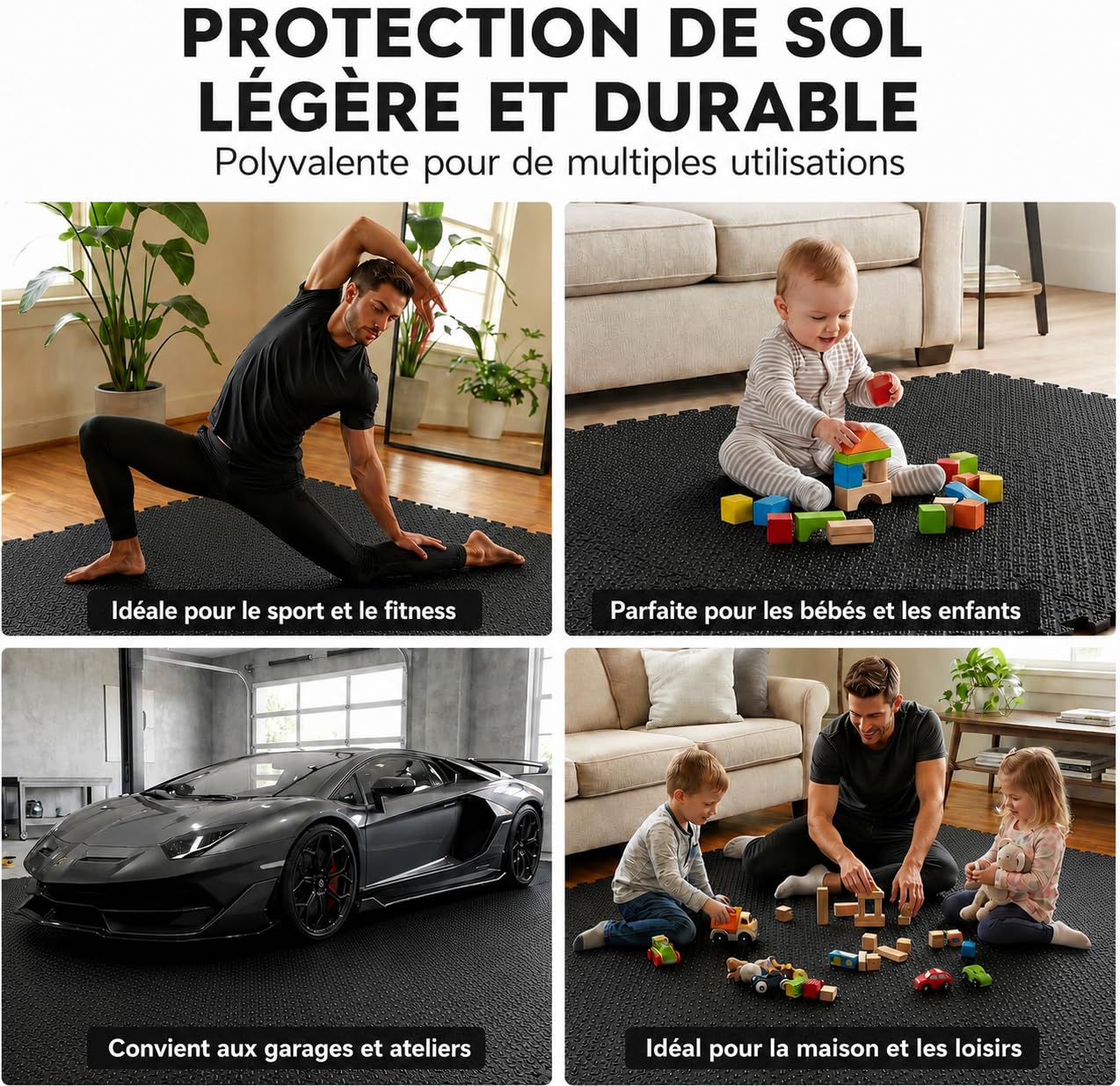 LPVS Tapis de Sol - Dalles Protection Sport - 18 Dalles Mousse 1.2 cm Épaisseur + 27 Bordures - Antidérapant Anti Bruit - Puzzle Fitness - Idéal Gym Banc Salle Sport Garage Tatami - sans BPA