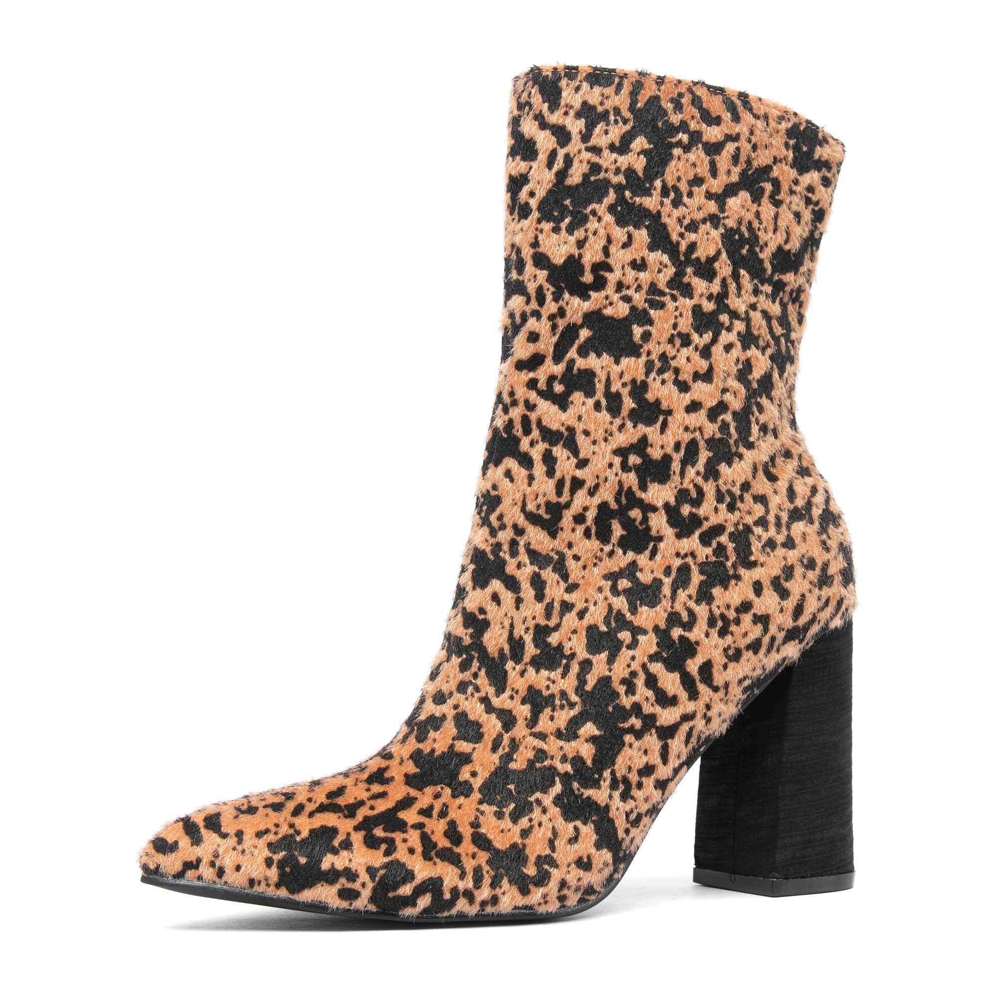 NEWBELLA Womens Leopard Print Ankle Boots Pointed Toe Chunky High Heel Faux Fur Booties Fashion Party Dressy Short