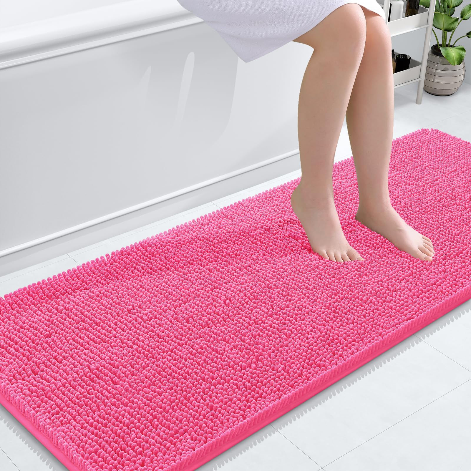 OLANLY Bathroom Runner Rugs 59x24, Soft Absorbent Chenille Bath Rugs, Rubber Backing Quick Dry, Machine Washable Long Bath Mats for Bathroom Floor, Tub and Shower, Home Decor Accessories, Hot Pink