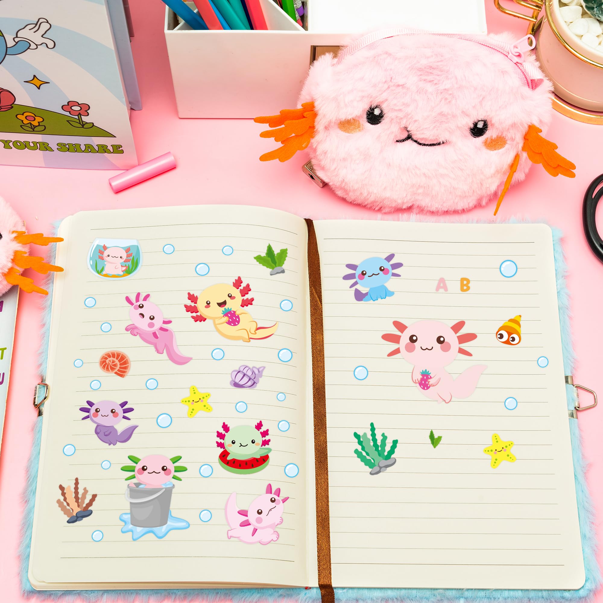 CY2SIDE 6 piezas de diario de ajolote con cerradura y llaves para niños, cuaderno de diario secreto de peluche de ajolote con bolsa para monedas, pegatinas de bolígrafo y juguete de apretar, idea para