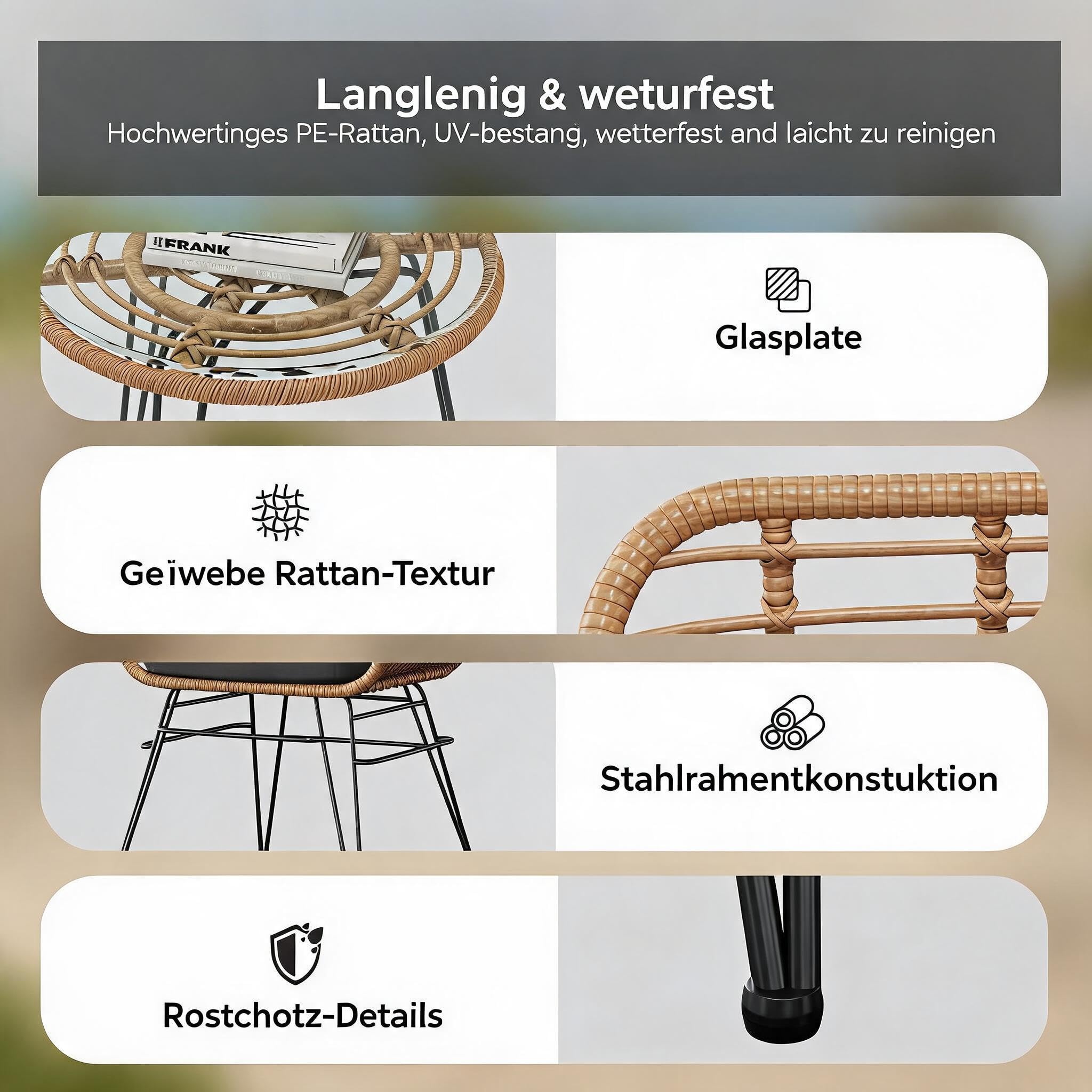 Gartenmöbel Set 3-TLG, Balkonmöbel Set aus Poly-Rattan, Wetterfest Bistroset mit 2 Stühlen und Bistrotisch, Outdoor Rattan Sitzgruppe mit Kissen für Garten, Balkon, Terrasse, Natur
