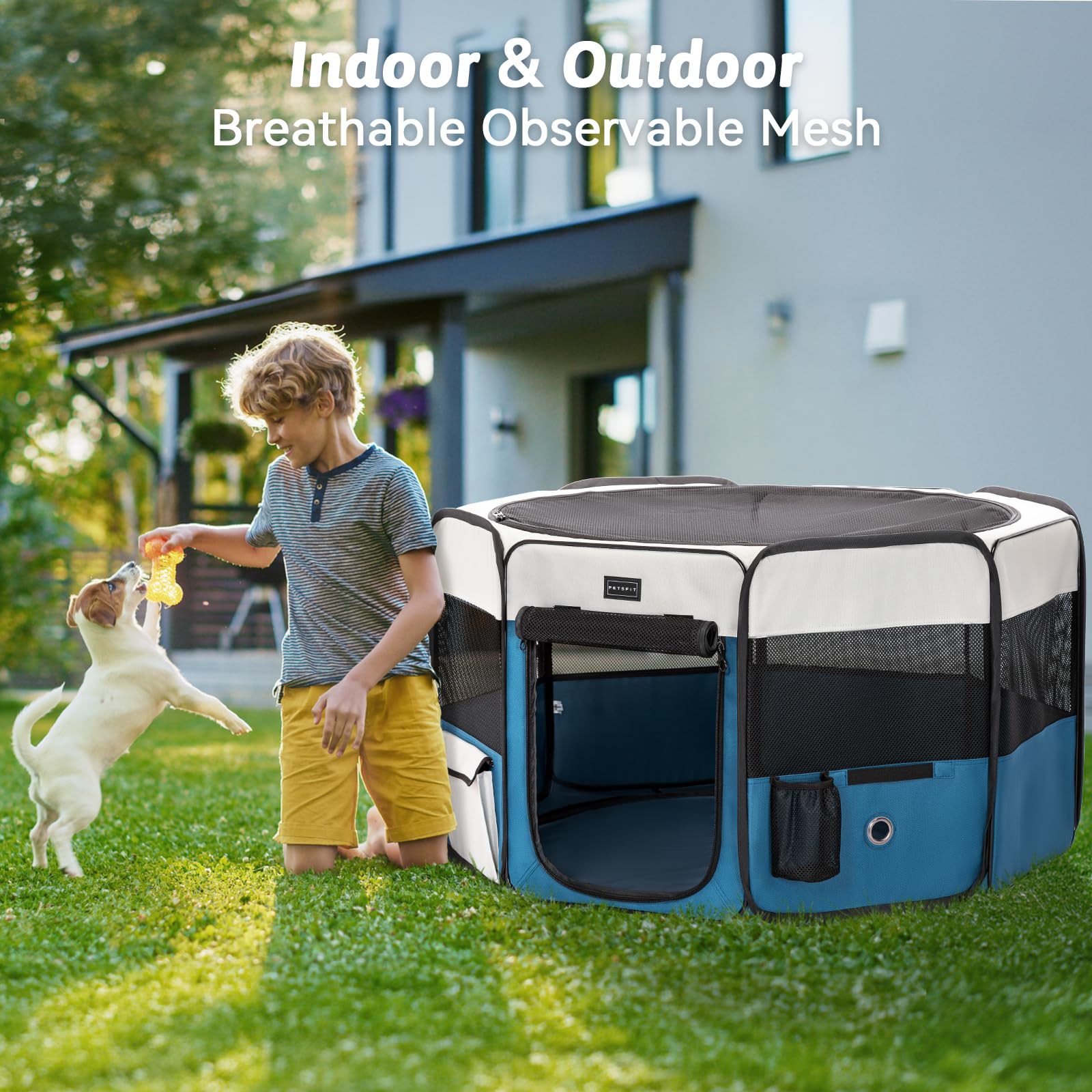 PETSFIT Recinto per Gatti Pieghevole e Portatile, Recinto per Cani con Pavimento impermeabile in Tessuto, grigio e blu, 75 * 68 * 42CM