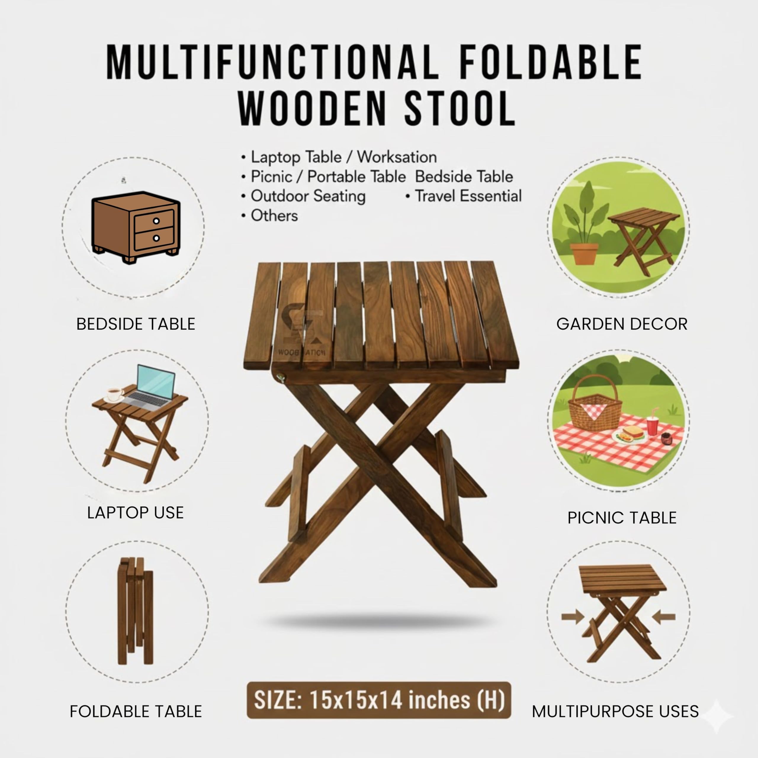 S S Wood Nation Solid Sheesham Wood Folding Side Table for Living Room, Balcony & Garden | Portable Coffee Table | Foldable End Table for Home & Outdoor Use | Walnut Finish (Modern) 4