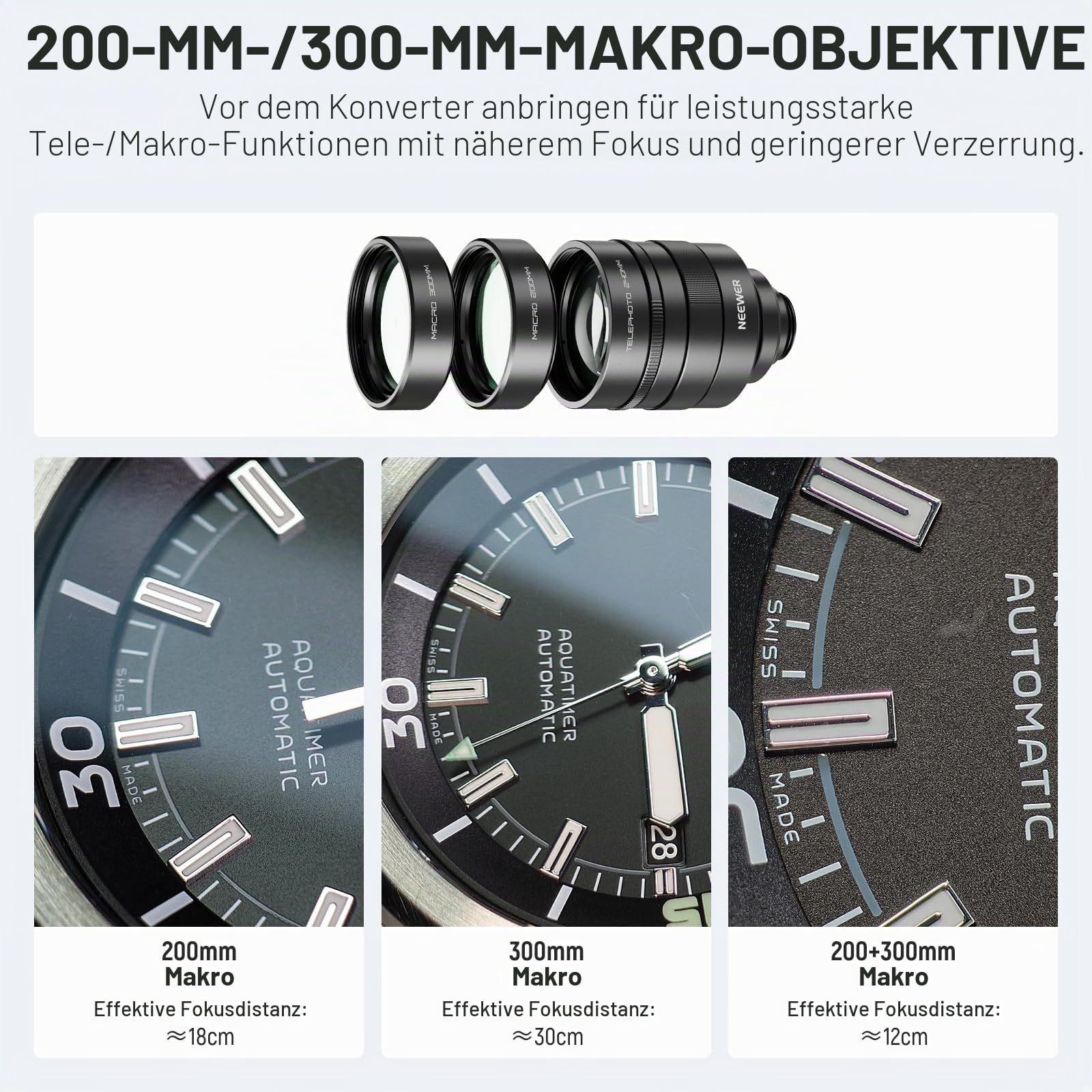 NEEWER 2X Konverter mit 200mm und 300mm Makroobjektiven nur für Handykameras Teleobjektiv, 7 Elemente in 5 Gruppen, 17mm Gewinde kompatibel mit iPhone Android Samsung Xiaomi Handykäfig/hülle, LS-79