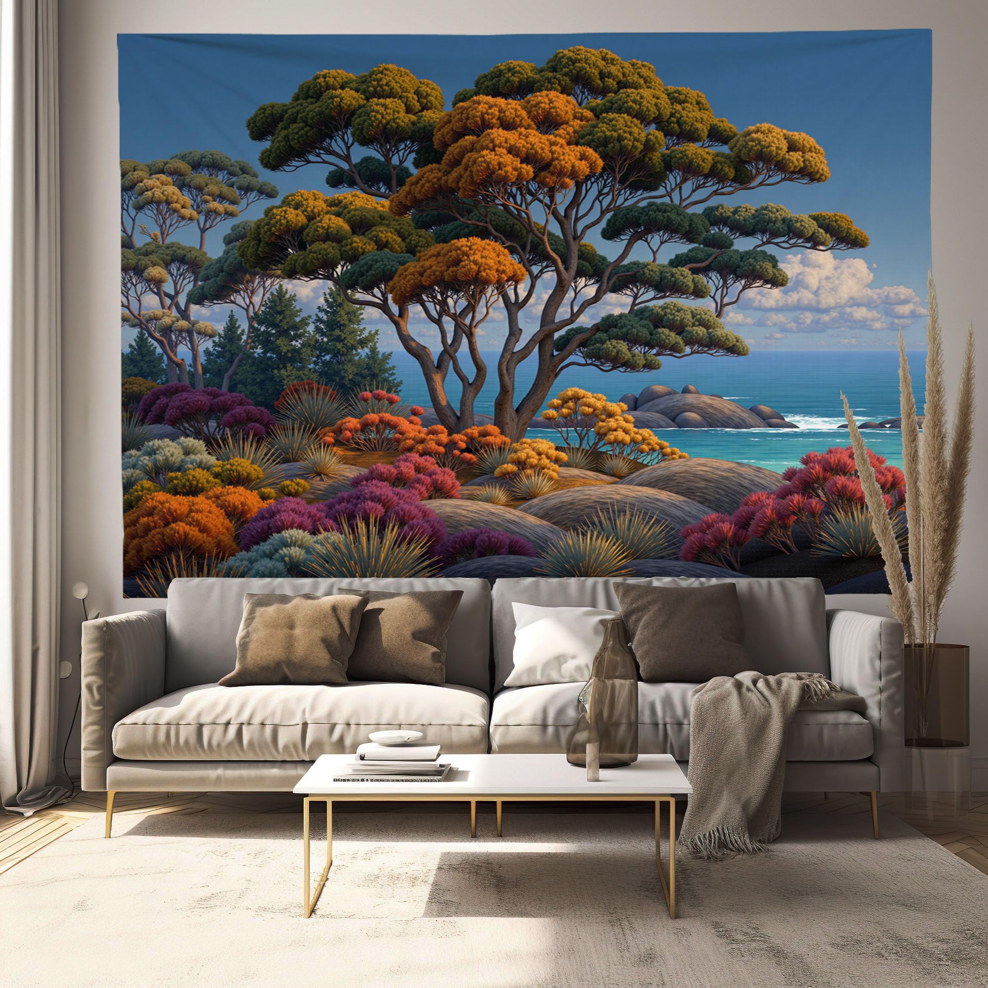 CEDNXOER Natural Coastal Landscape Tapestry Wall Hanging Tapestries Natural Trees Rocks, Blue Tapestry Wall Art for Bedroom and Living Room, 60 × 80 in