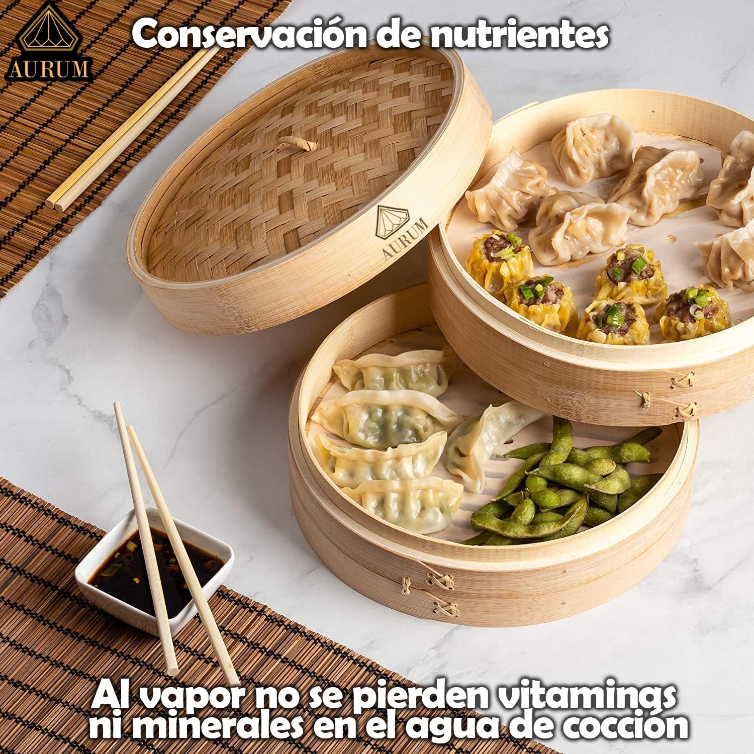 Aurum® Vaporera de Bambú 2 Niveles, en 20 cm y 25 cm - Incluye Accesorios - Vaporera Cocinar Vapor Bambú, Steamer for Cooking, Cocedero de Vapor (ø25)