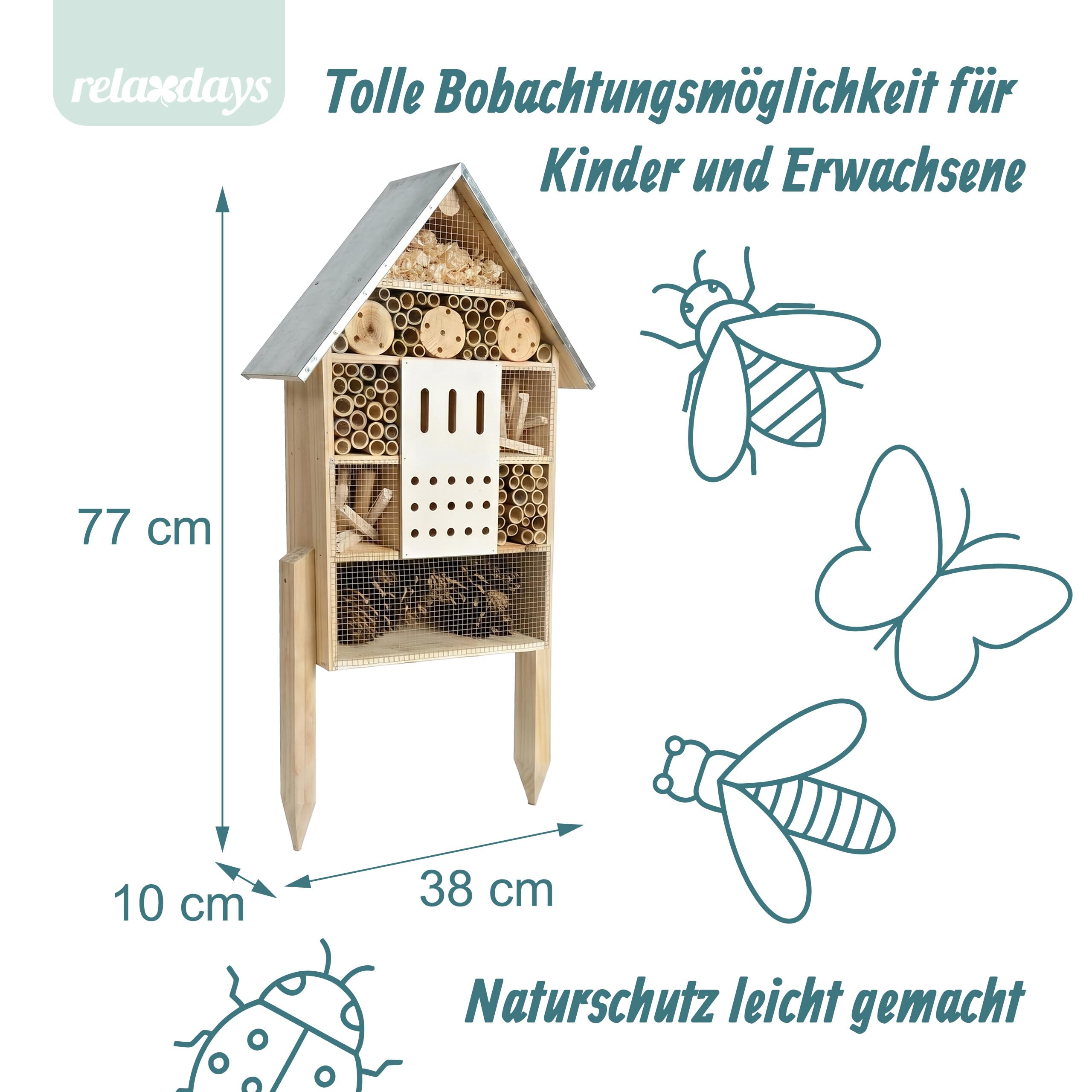 Relaxdays Insektenhotel mit Ständer, Holz, wetterfestes Metalldach, HxBxT: 77 x 38 x 10 cm, Insektenhaus, Natur/Silber