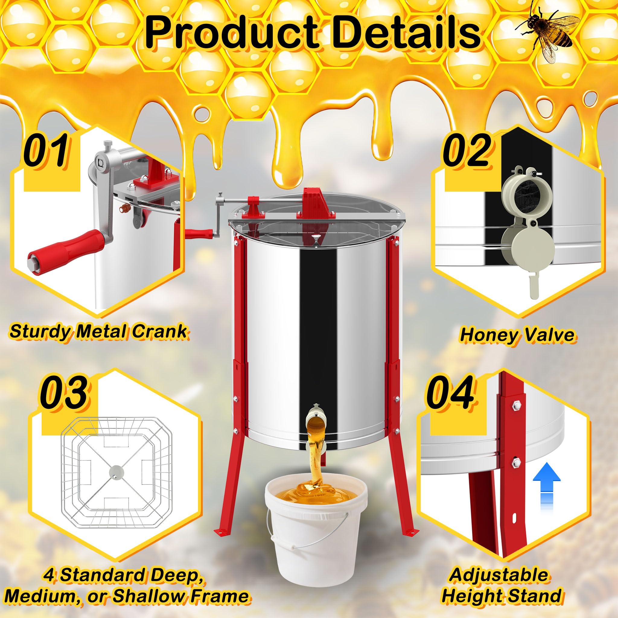 UISEBRT Essoreuse à miel manuelle en acier inoxydable 4 alvéoles | Presse à miel manuelle pour apiculteurs | Essoreuse tangentielle Extracteur de miel avec couvercle et support réglable 101-111 cm | Ø