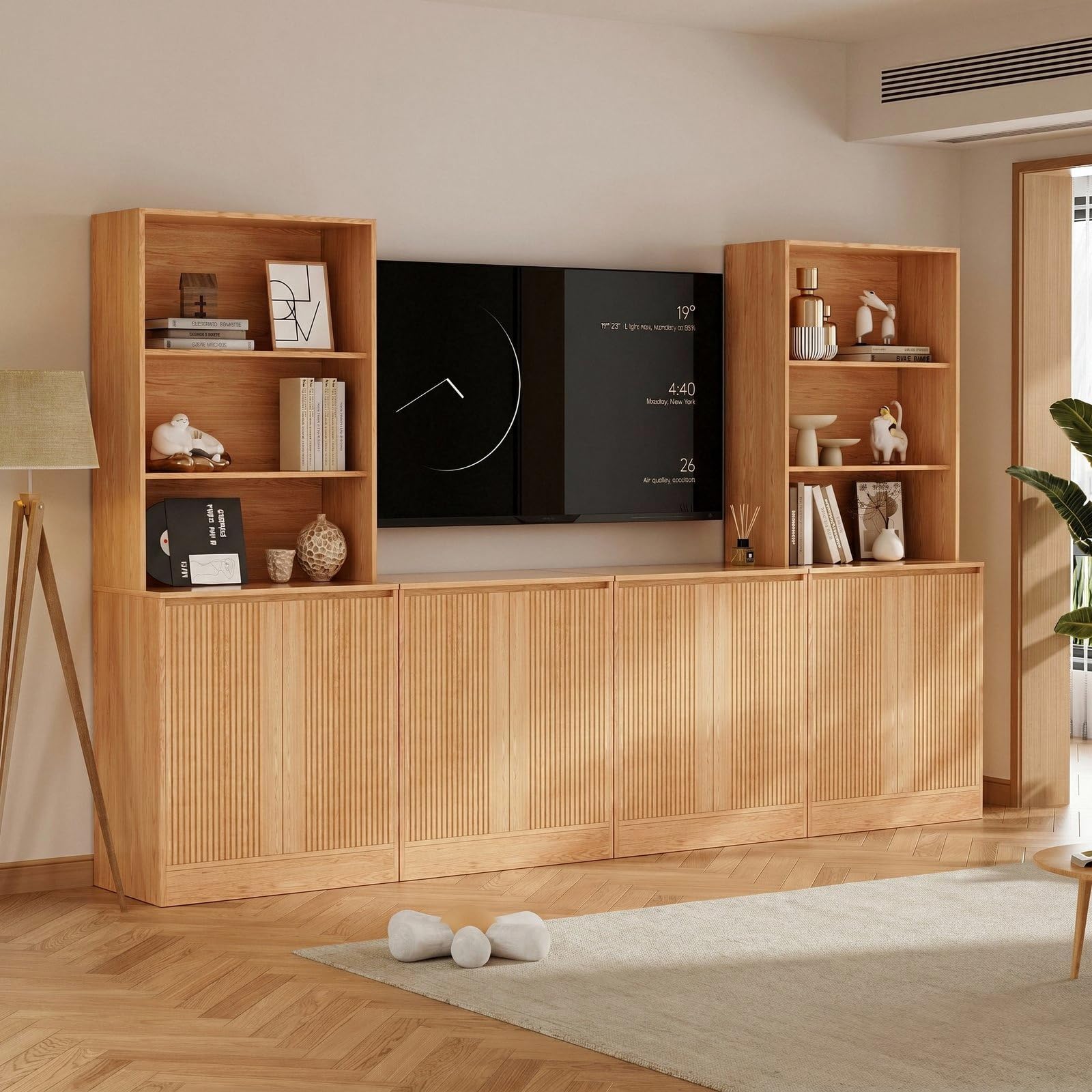 VOWNER TV-Schrank mit Bücherregal, 240cm B Großer Fernsehschrank, TV-Board Set für TV bis 50 Zoll, Wohnwand mit Arbeitsplatte für Wohnzimmer & Esszimmer, Holzfarbe (4PCS)