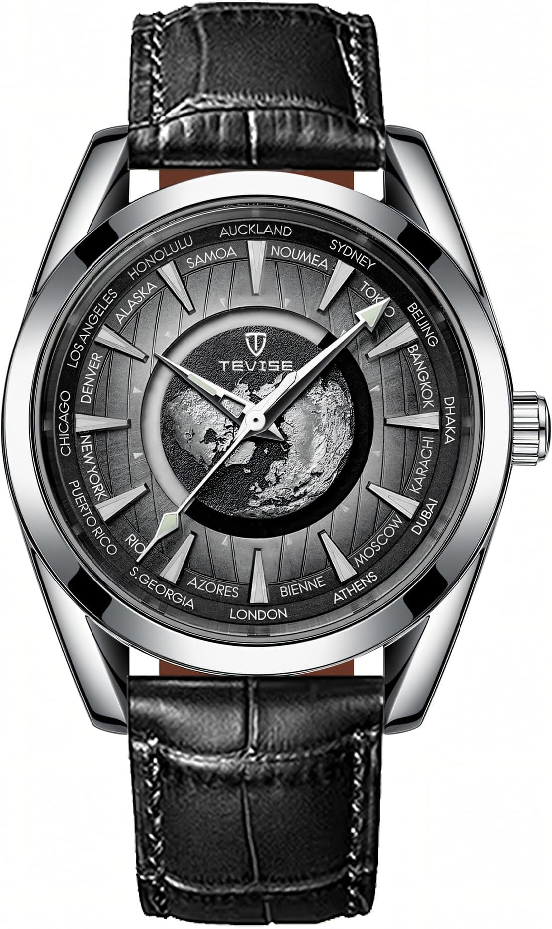 Men Luxury Automatic Mechanical Watch Earth Luminous Pointer Waterproof Sports Stainless Steel/Leather Watches