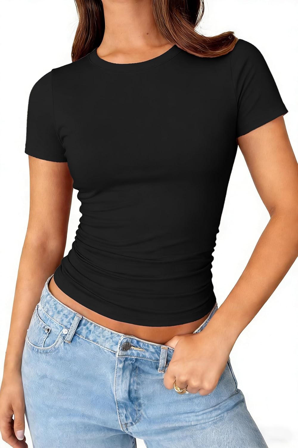 ForeFair Womens Casual T Shirts Summer Tops Short Sleeve Going Out Crop Tops Crew Neck Slim Fitted Basic Ruched Tee