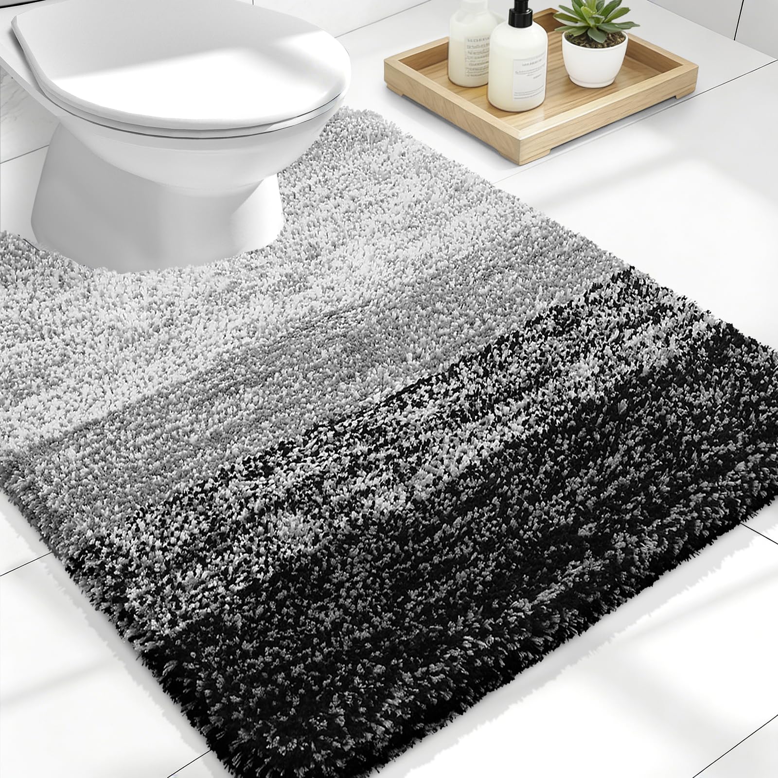 Luxuriöse WC-Teppiche U-förmig, extra weiche und saugfähige Mikrofaser-Badezimmerteppiche, rutschfester Plüsch-Shaggy-WC-Badteppich, maschinenwaschbar, trocknergeeignet, 20x24, schwarz, Black