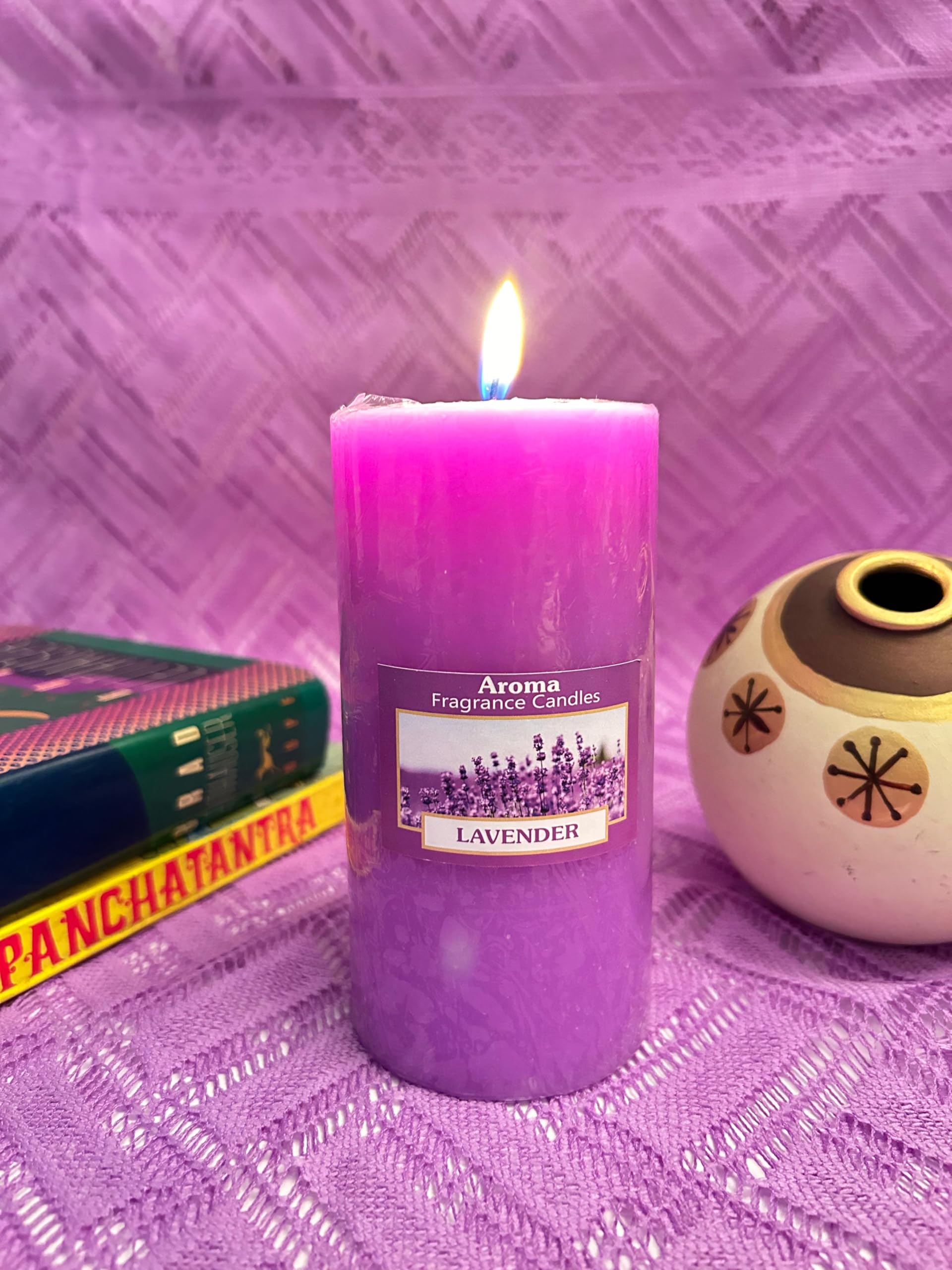 Briteline Scented Pillar Candle for Home Decor & Gifting – Lavender Scented | 3X5 Inch – Designer Candle | Soy Wax – 400gm | Fragrance Candles for Festival Decor & Gifting (Lavender)