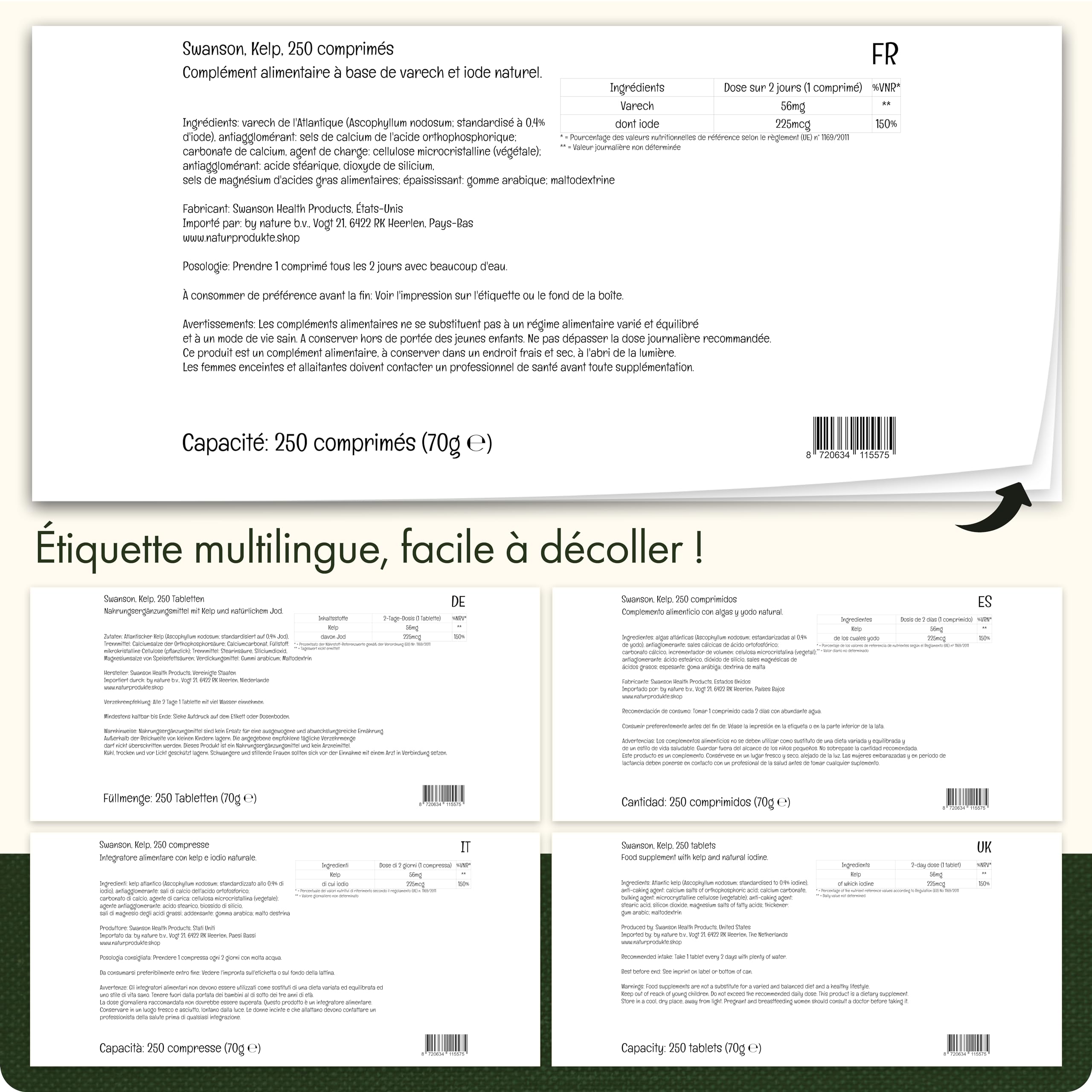 Swanson, Kelp, avec Iode Naturel, 250 Comprimés végétaliennes, Hautement Dosées, Testées en Laboratoire, Végétariennes, Sans Soja, Sans Gluten, Sans OGM