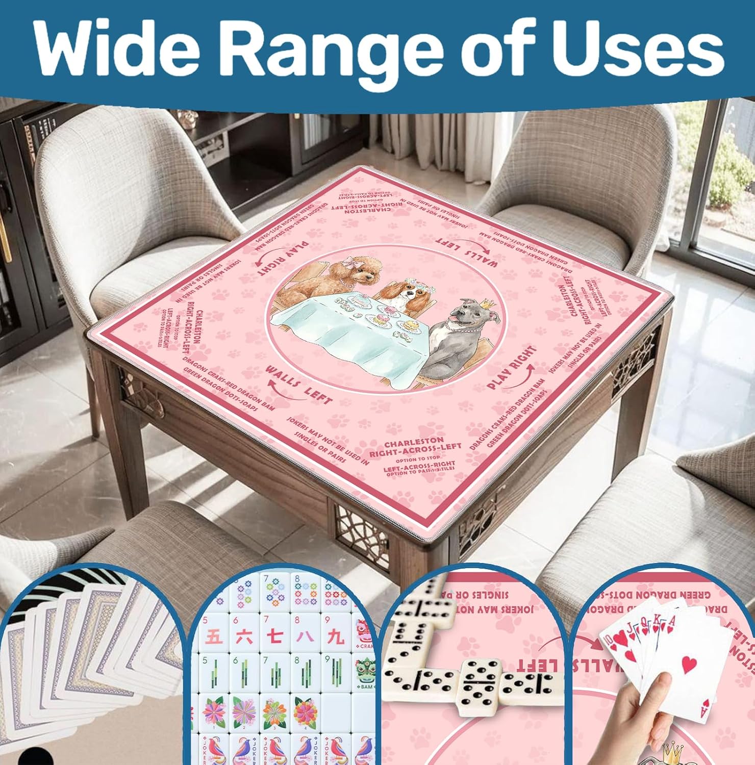 Preppy Pink Cute Dog Paw Print Mahjong Mat 31.5x31.5 Inch, Non-Slip and Noise Reduction Mah Jong Table Mat Cover Gifts for Mahjong Lovers Poker Board Games Dominoes
