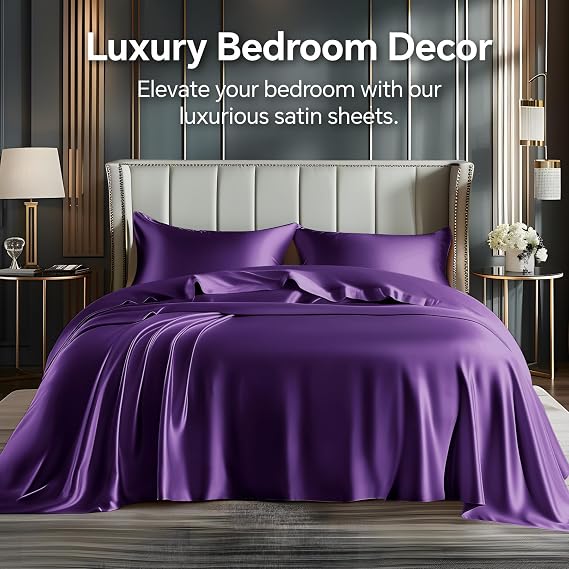 BEDELITE Satin Sheets Twin Size Bed Set, Plum Purple, 3 Pieces