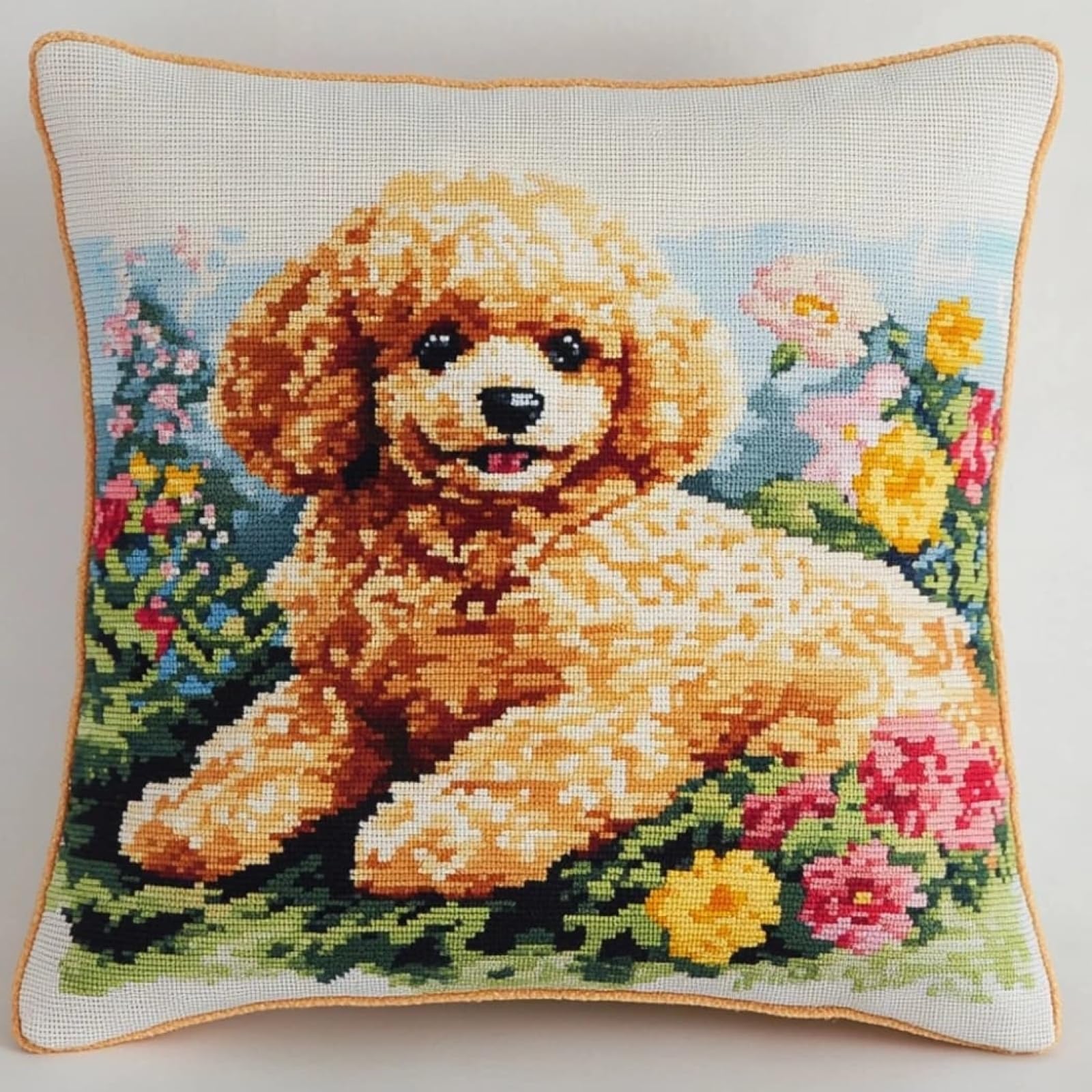 WallustrioaW DIY Stamped Cross Stitch Pillow Kits,Poodles and Flowers 11CT Needlepoint Handmade Cushion Cover Home Sofa Christmas Decoration 45x45cm