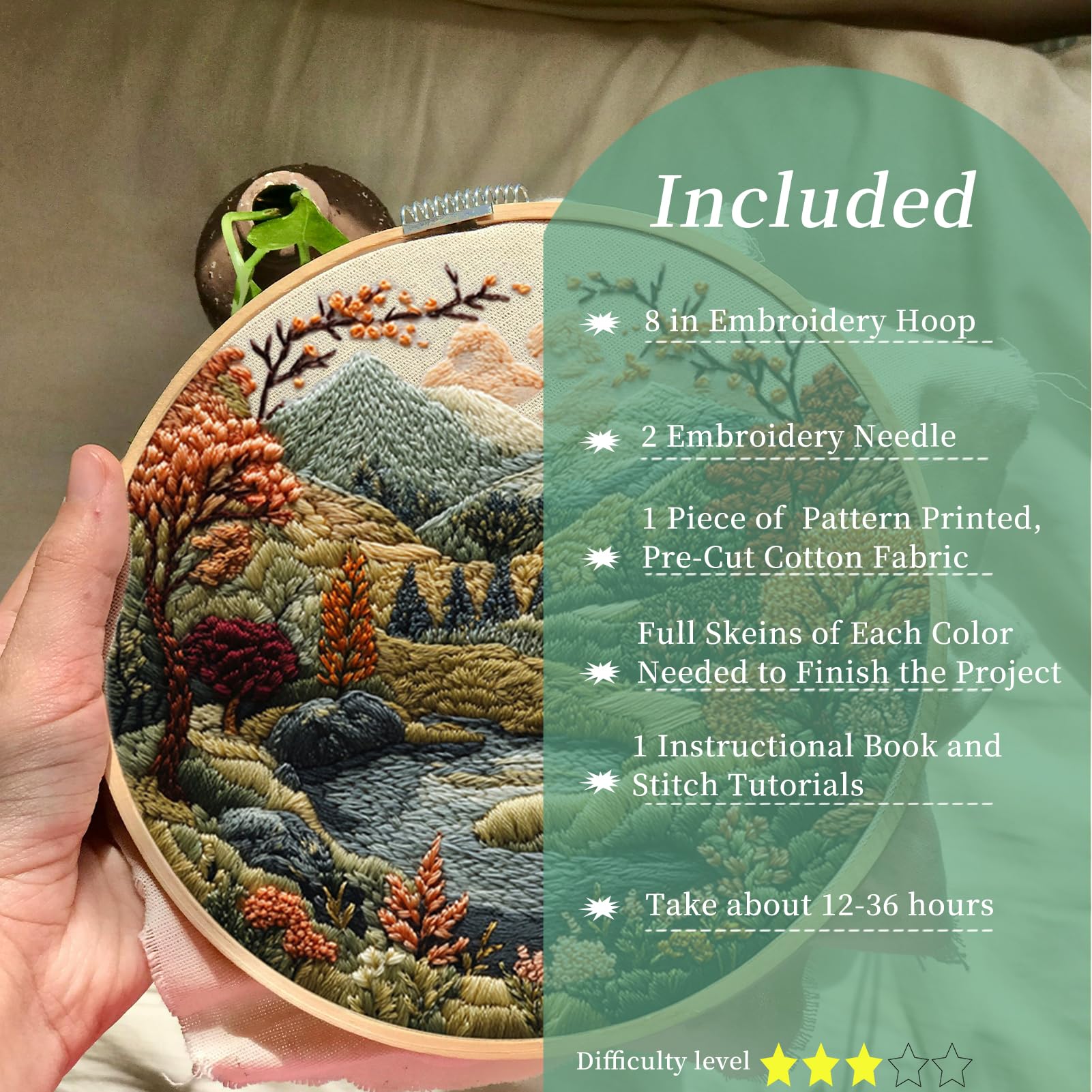 FONNUY Embroidery Kit for Beginners, Boho Nature Landscape Pre-Stamped Pattern Kits for Adults with Hoop, Easy to Follow Color Thread Needlework, 8'' Hoop (Flowers Hills)
