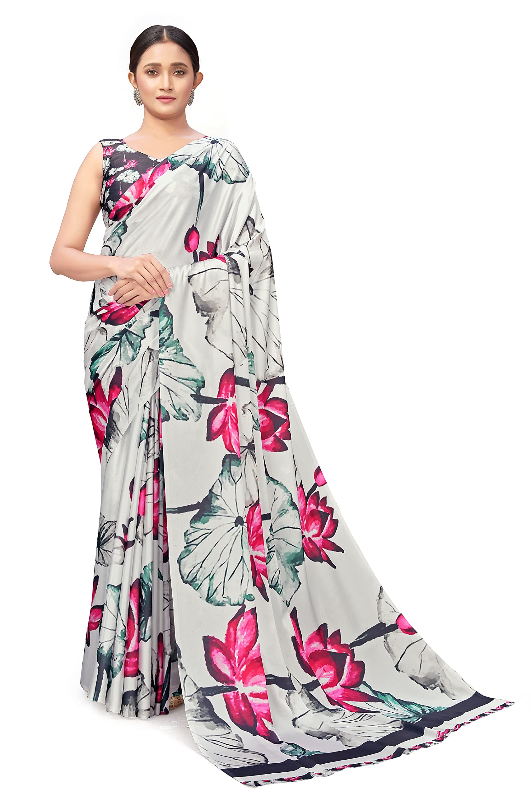 Monjolika Fashion Women's Off White color ultra Satin Crepe Saree (4302_ Off wihte), Off White, Free