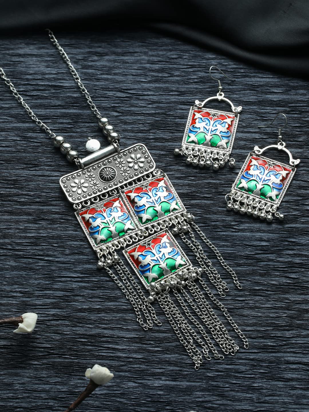 Oxidised Multicolor Square Tasseled Jewellery Set, Vibrant Style