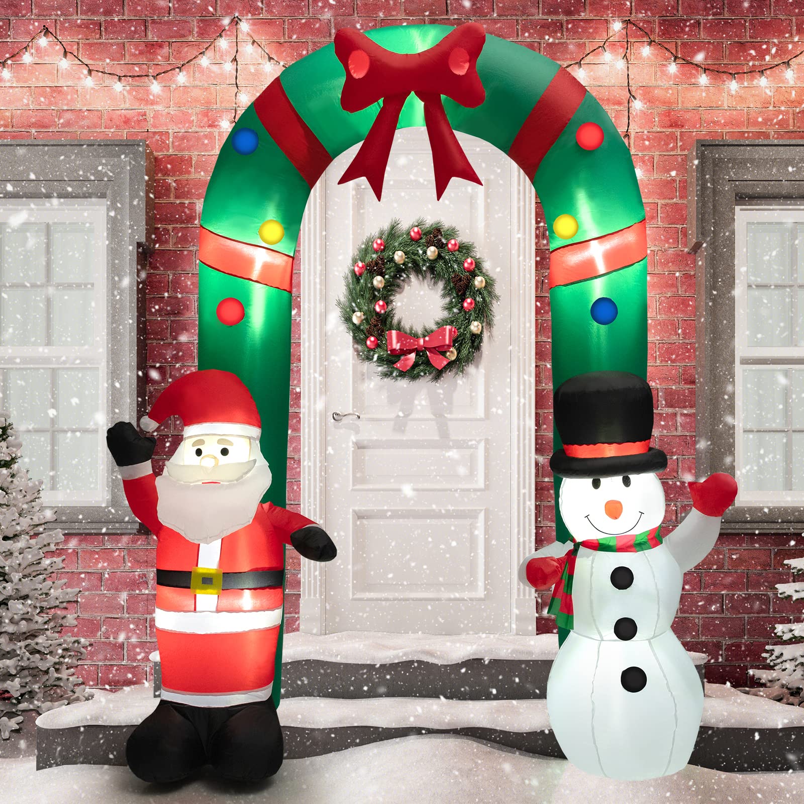COSTWAY aufblasbarer Weihnachtsbogen 245cm, LED Weihnachtsdekoration mit Weihnachtsmann & Schneemann, Weihnachtsdeko Outdoor, Weihnachtsbeleuchtung für Garten, Hof, Terrasse, selbstaufblasend