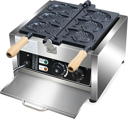 Miniatura 8 de Taiyaki - Máquina para hacer gofres de pescado, 3 unidades antiadherentes para hacer gofres eléctricos Taiyaki Baker con forma de pez, acero