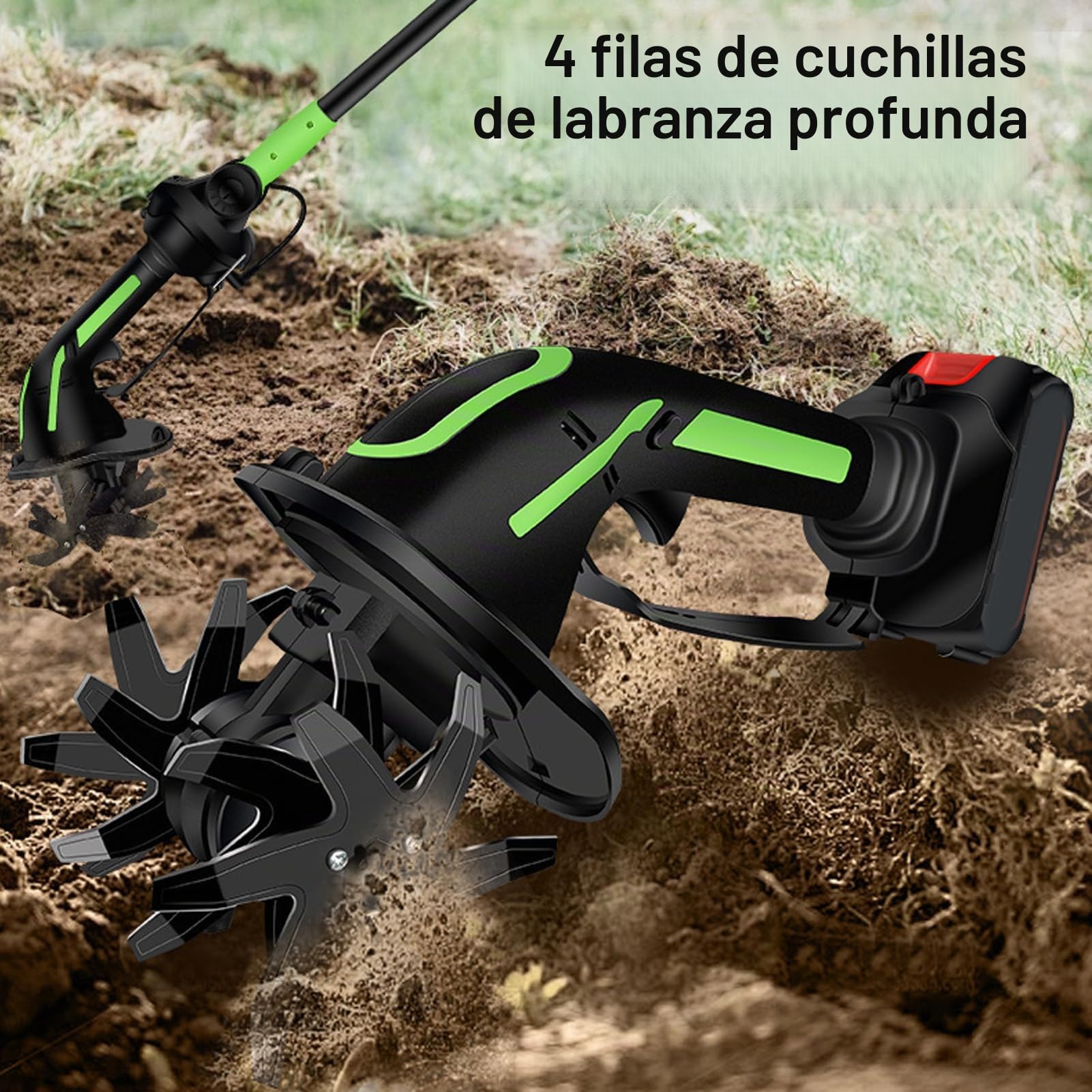 Fockety Cultivador Inalámbrico, Motocultor Eléctrico de 235 RPM con 10 Cm de Ancho y 10 Cm de Profundidad, Motocultor a Batería para Jardinería, Césped y Cultivo de Suelo