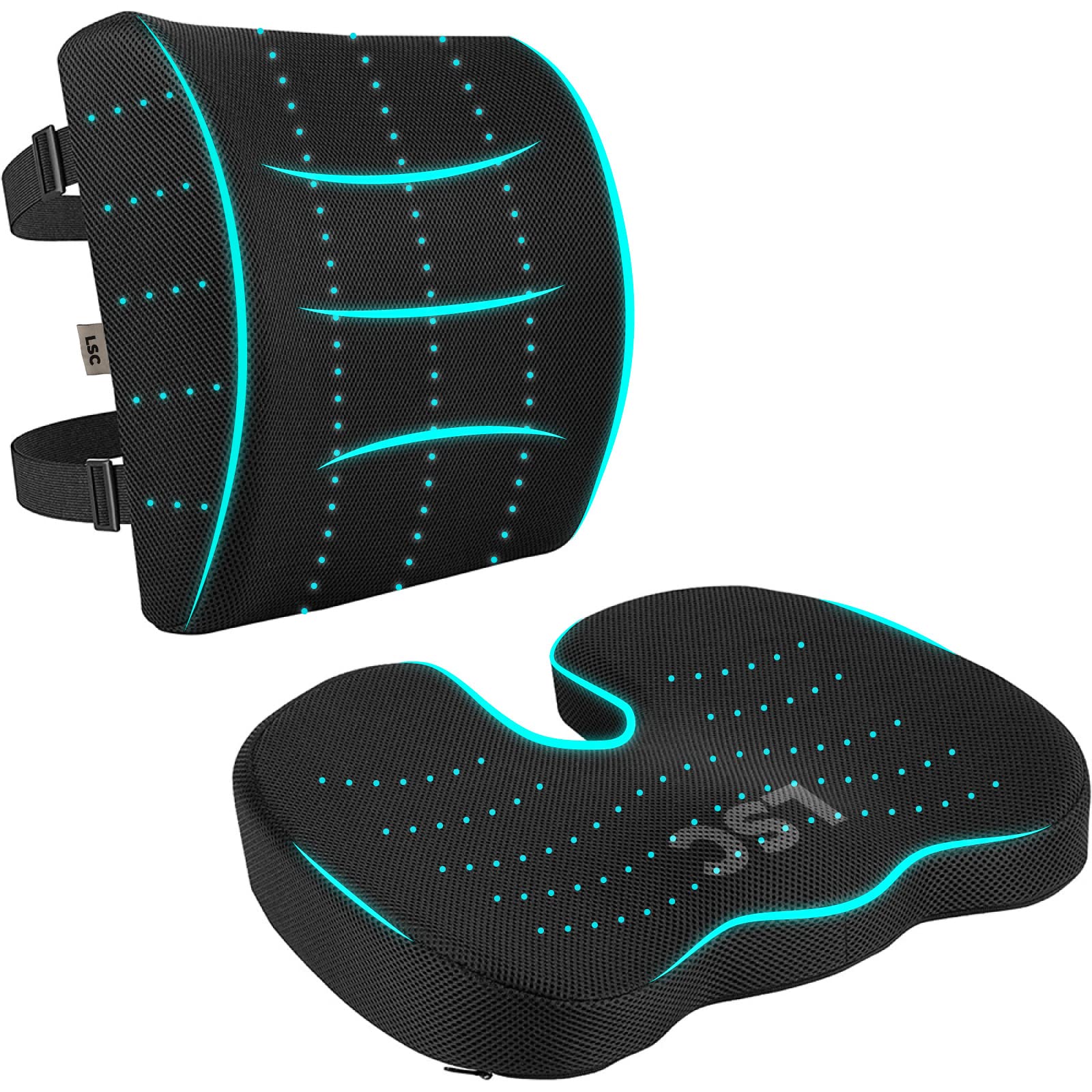 LSC - Cojín de espuma viscoelástica ergonómica para respaldo y coxis, funda de malla extraíble transpirable para escritorio, asiento de coche, viajes, Black, 35.56 x 12.7 x 30.48