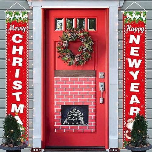 Miniatura 6 de ZABARE 2 carteles de puerta con texto en inglés Merry Christmas de 70.8 x 11.8 pulgadas, letrero de Navidad para porche delantero, decoraciones de