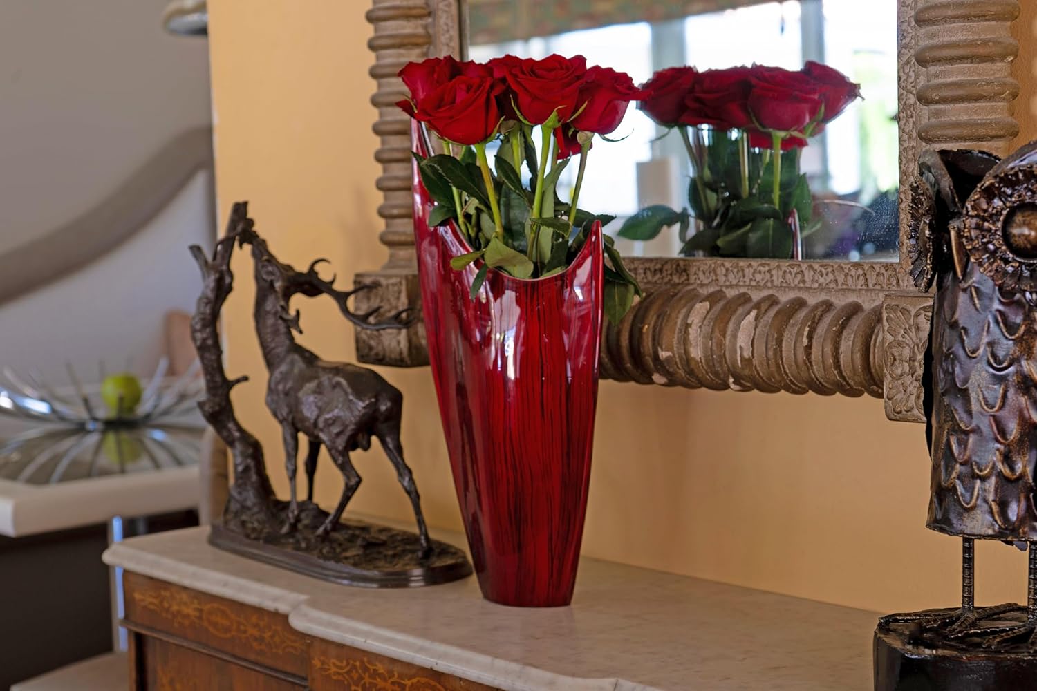 Modern Day Accents 3610 Red Acentuada Pointed, Aluminum, Glaze, Modern, Vase, Plants, Center Piece, Home, Office, Flower Arrangement, 8" L x 3" W x 18" H