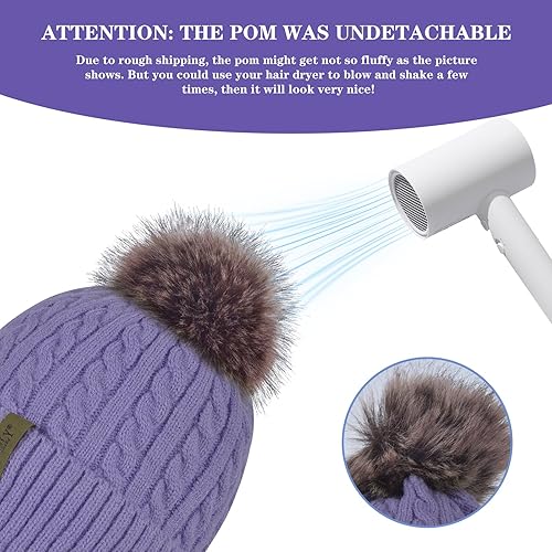Miniatura 5 de Gorro de punto con pompón para mujer, gorro de invierno cálido con forro polar para mujer