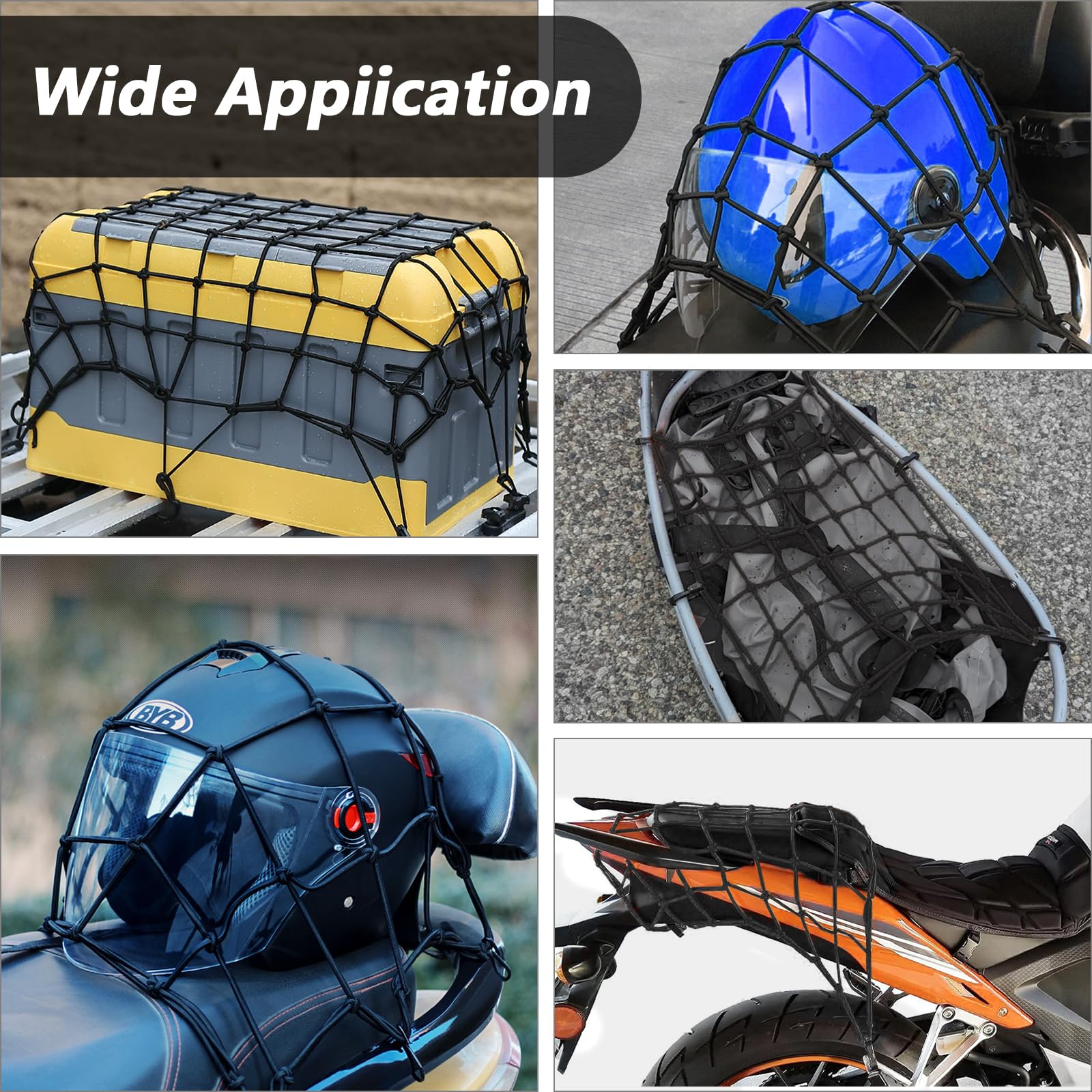 Kleines Gepäcknetz mit 6 dicken Haken, 38,1 x 38,1 cm dehnt sich auf 76,2 x 76,2 cm, 2 Stück Helmnetz mit 5,1 x 5,1 cm kleinem Netz für Motorrad, Fahrrad, Brett