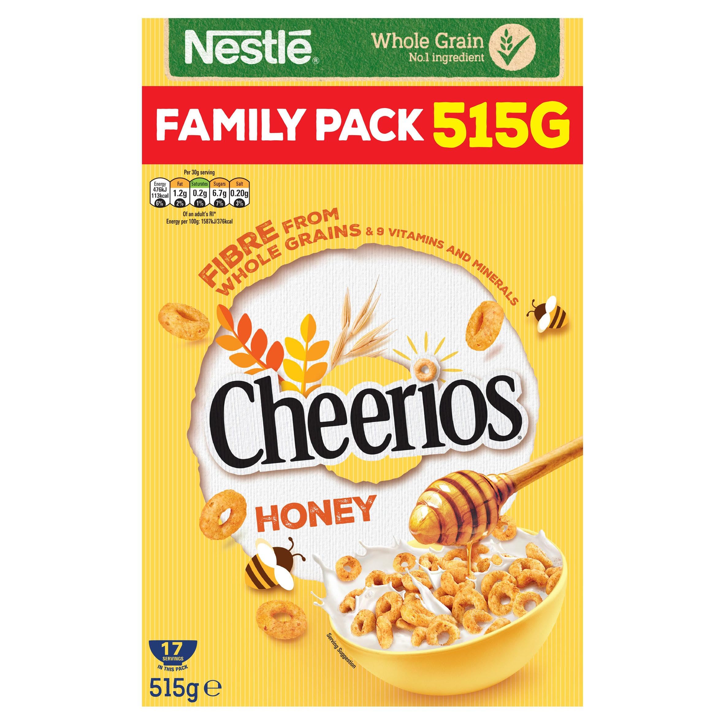 Nestlé Cereals - Cheerios Breakfast Cereal - Honey Hoops Made With Oats, Wheat and Barley - High Fibre, No Added Sugar - 6 Cereal Boxes x 515g Multipack