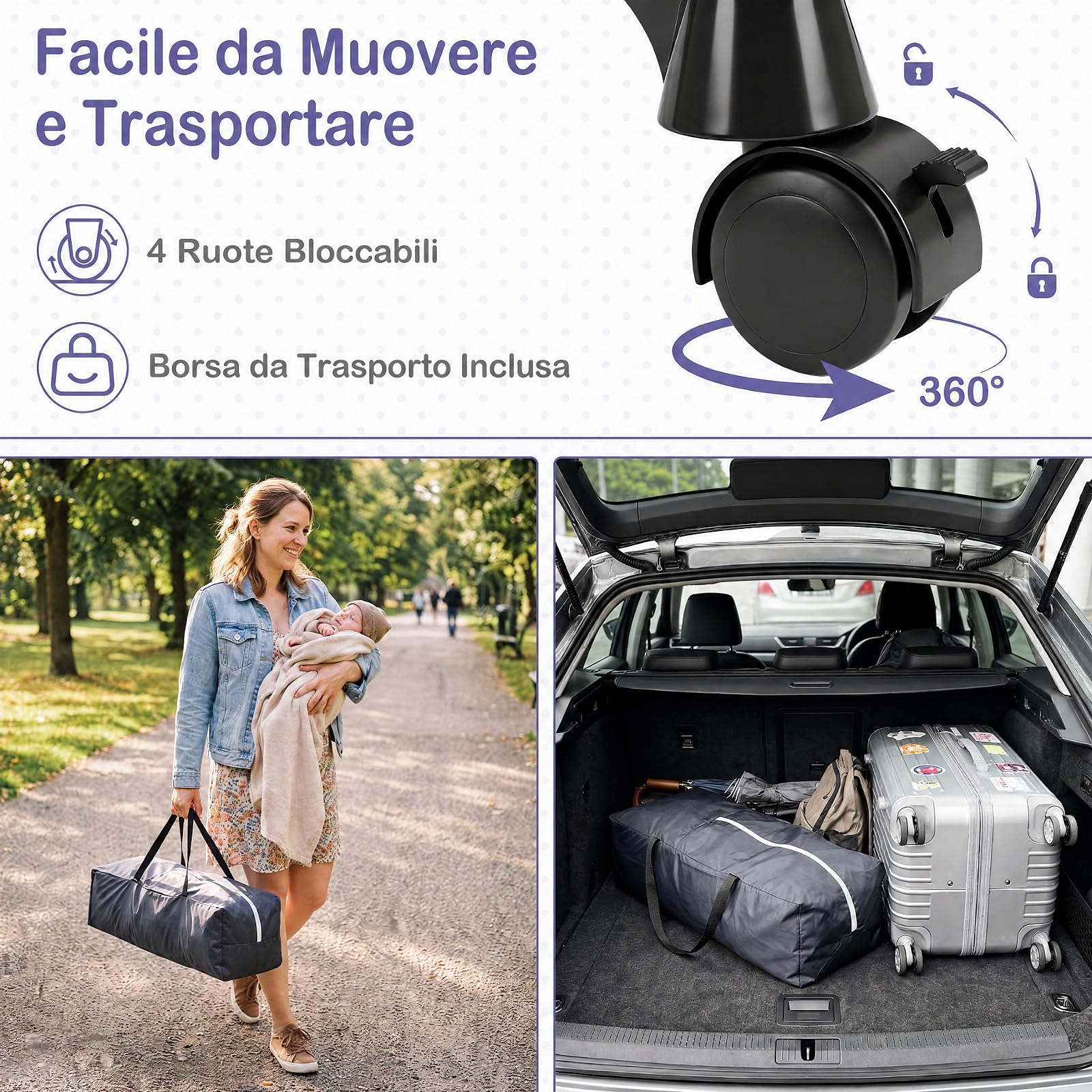 COSTWAY Lettino Pieghevole da Viaggio per Bambini, con Materasso e Ruote | Fasciatoio con Cintura di Sicurezza, Recinto e Tasca Portaoggetti, Lettino con Barra Giocattoli e Scatola Musica, 0-3 Anni