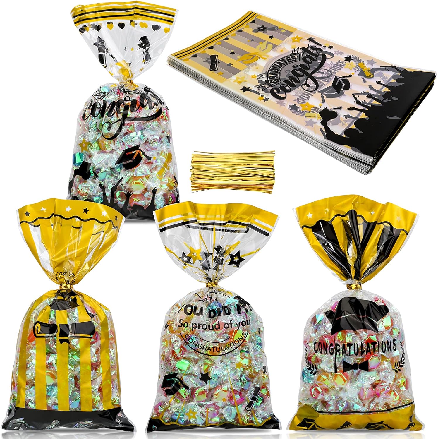 Konsait 卒業セロファンバッグ 100枚 クリアキャンディ クッキートリートバッグ ツイストタイ付き ベーカリー ビスケット 