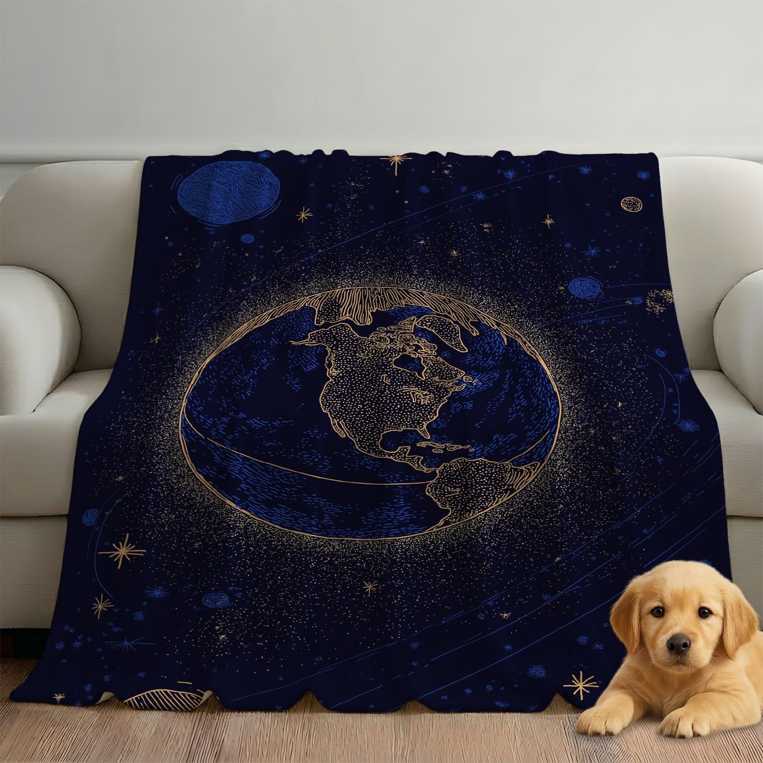 Miękki koc polarowy – 150 x 150 cm, przytulny, flanelowy, pluszowy, puszysty, narzuta na sofę, łóżko, kanapę lub krzesło, niebieski złoty, fantastyczny, tajemnicza przestrzeń, ziemia, prezent dla