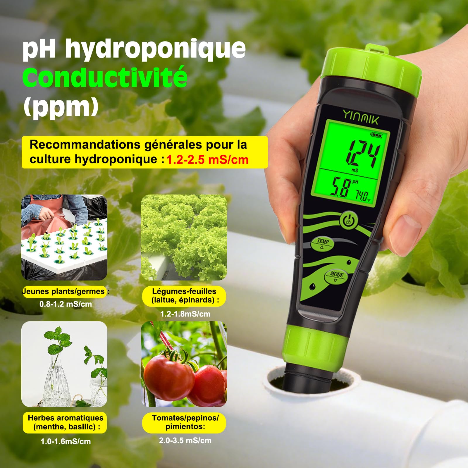YINMIK pH-Mètre et Sel pour Piscines, Testeur de ph Piscine 5 en 1, Testeur Sel/TDS/EC pour Sel Spa, Hydroponie, Aquariums et Eau Potable