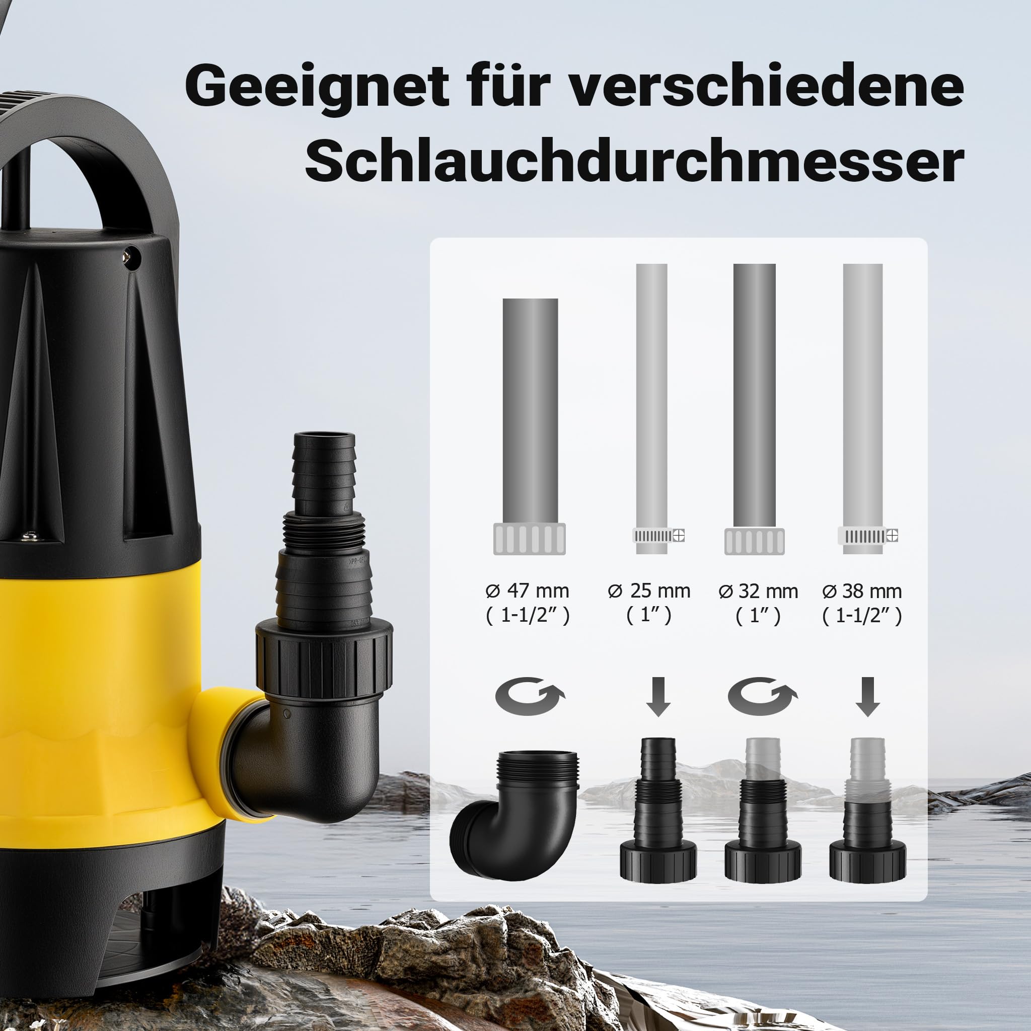 Wiltec Schmutzwasserpumpe mit Sensor 400 W, Tauchpumpe Schmutzwasser mit 2 Modi, Wasserpumpe 8500 l/h, Brunnenpumpe 5 m Förderhöhe & 5 m Tiefe