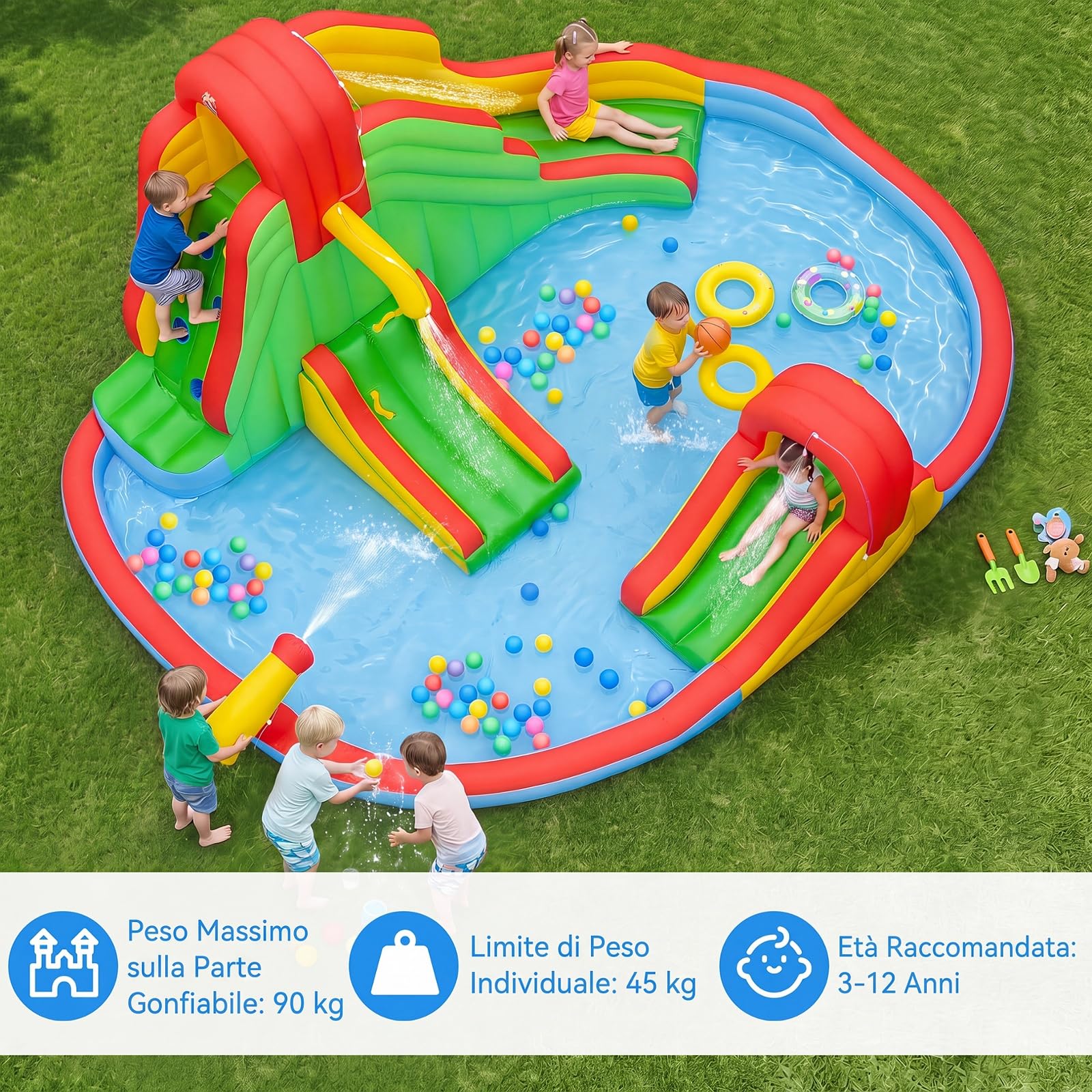 COSTWAY Castello Gonfiabile per Bambini 3-12 Anni, Grande Parco Acquatico di Giochi con Doppio Scivolo, Piscina, Parete da Arrampicata e Canestro da Basket, per Interno e Esterno