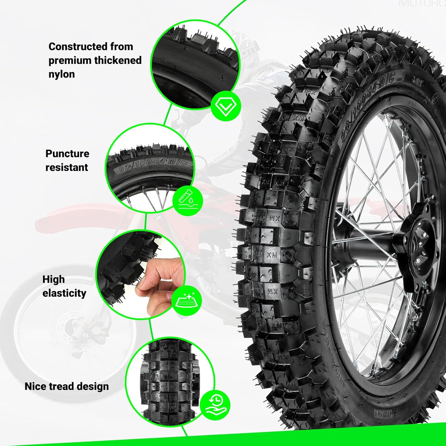 14'' Rear Wheel 90/100-14 3.00-14 Dirt Bike Tire Rim Assembly Compatible with SSR Apollo 150cc 140cc 125cc CR80R CR85R CRF80F CRF125F DB17 KX85 KLX125 KLX140 TTR125 Off Road Motocross Parts