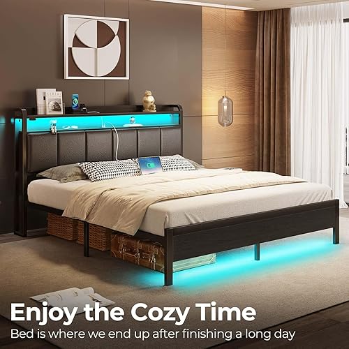 Miniatura 7 de Rolanstar Base de cama tamaño King con estación de carga y luces LED, cabecera de piel sintética con estantes de almacenamiento, listones de metal